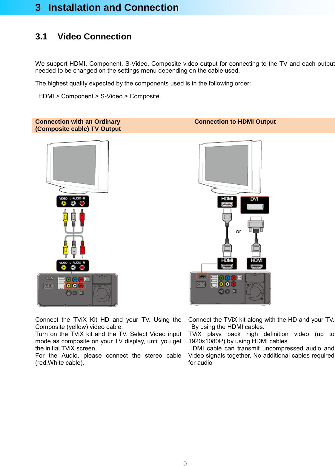  93 Installation and Connection  3.1 Video Connection  We support HDMI, Component, S-Video, Composite video output for connecting to the TV and each output needed to be changed on the settings menu depending on the cable used. The highest quality expected by the components used is in the following order:     HDMI &gt; Component &gt; S-Video &gt; Composite.  Connection with an Ordinary   (Composite cable) TV Output  Connection to HDMI Output      Connect the TViX Kit HD and your TV. Using the Composite (yellow) video cable. Turn on the TViX kit and the TV. Select Video input mode as composite on your TV display, until you get the initial TViX screen. For the Audio, please connect the stereo cable (red,White cable).  Connect the TViX kit along with the HD and your TV. By using the HDMI cables. TViX plays back high definition video (up to 1920x1080P) by using HDMI cables. HDMI cable can transmit uncompressed audio and Video signals together. No additional cables required for audio   