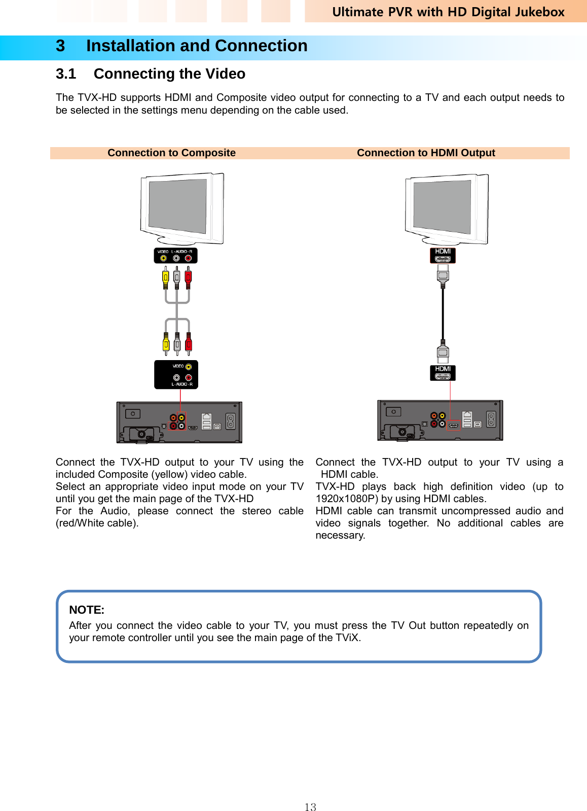 Ultimate PVR with HD Digital Jukebox   133    Installation and Connection 3.1  Connecting the Video The TVX-HD supports HDMI and Composite video output for connecting to a TV and each output needs to be selected in the settings menu depending on the cable used.    Connection to Composite  Connection to HDMI Output       Connect the TVX-HD output to your TV using the included Composite (yellow) video cable. Select an appropriate video input mode on your TV until you get the main page of the TVX-HD For the Audio, please connect the stereo cable (red/White cable). Connect the TVX-HD output to your TV using a HDMI cable. TVX-HD plays back high definition video (up to 1920x1080P) by using HDMI cables. HDMI cable can transmit uncompressed audio and video signals together. No additional cables are necessary.                NOTE:   After you connect the video cable to your TV, you must press the TV Out button repeatedly on your remote controller until you see the main page of the TViX.  