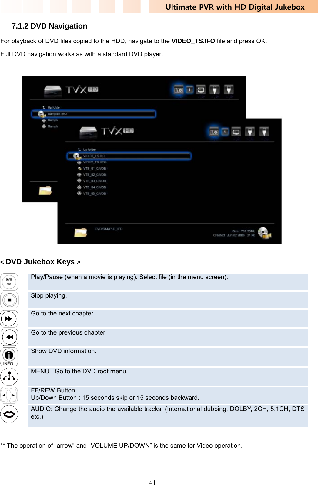 Ultimate PVR with HD Digital Jukebox   417.1.2 DVD Navigation For playback of DVD files copied to the HDD, navigate to the VIDEO_TS.IFO file and press OK. Full DVD navigation works as with a standard DVD player.    &lt; DVD Jukebox Keys &gt;   Play/Pause (when a movie is playing). Select file (in the menu screen).    Stop playing.    Go to the next chapter    Go to the previous chapter    Show DVD information.    MENU : Go to the DVD root menu.    FF/REW Button Up/Down Button : 15 seconds skip or 15 seconds backward.    AUDIO: Change the audio the available tracks. (International dubbing, DOLBY, 2CH, 5.1CH, DTS etc.)    ** The operation of “arrow” and “VOLUME UP/DOWN” is the same for Video operation.  