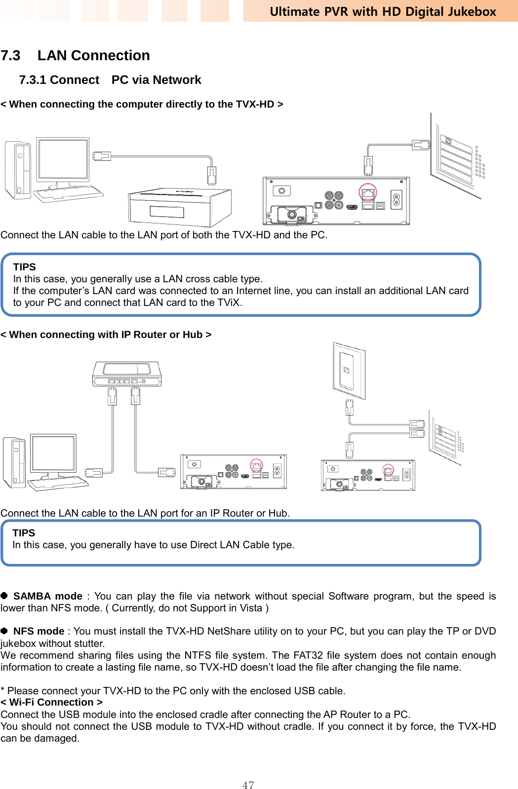 Ultimate PVR with HD Digital Jukebox   47 7.3 LAN Connection 7.3.1 Connect    PC via Network   &lt; When connecting the computer directly to the TVX-HD &gt;        Connect the LAN cable to the LAN port of both the TVX-HD and the PC.      &lt; When connecting with IP Router or Hub &gt;          Connect the LAN cable to the LAN port for an IP Router or Hub.     SAMBA mode : You can play the file via network without special Software program, but the speed is lower than NFS mode. ( Currently, do not Support in Vista )   NFS mode : You must install the TVX-HD NetShare utility on to your PC, but you can play the TP or DVD jukebox without stutter. We recommend sharing files using the NTFS file system. The FAT32 file system does not contain enough information to create a lasting file name, so TVX-HD doesn’t load the file after changing the file name.  * Please connect your TVX-HD to the PC only with the enclosed USB cable. &lt; Wi-Fi Connection &gt; Connect the USB module into the enclosed cradle after connecting the AP Router to a PC.   You should not connect the USB module to TVX-HD without cradle. If you connect it by force, the TVX-HD can be damaged.   TIPS In this case, you generally have to use Direct LAN Cable type. TIPS In this case, you generally use a LAN cross cable type. If the computer’s LAN card was connected to an Internet line, you can install an additional LAN card to your PC and connect that LAN card to the TViX.