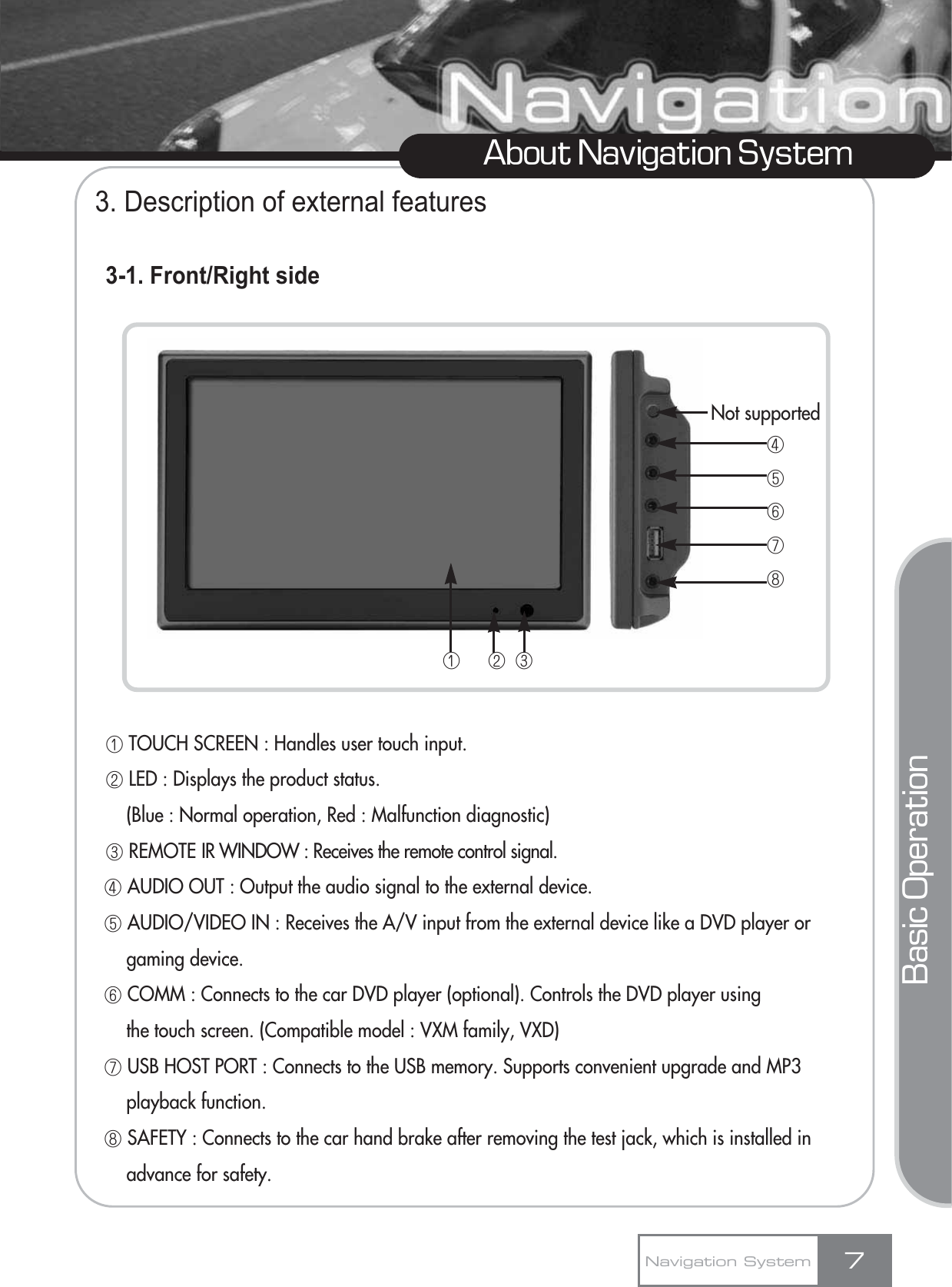 3. Description of external features3-1. Front/Right sideڡTOUCH SCREEN : Handles user touch input.ڢLED : Displays the product status.(Blue : Normal operation, Red : Malfunction diagnostic)ڣREMOTE IR WINDOW : Receives the remote control signal.ڤAUDIO OUT : Output the audio signal to the external device.ڥAUDIO/VIDEO IN : Receives the A/V input from the external device like a DVD player or gaming device.ڦCOMM : Connects to the car DVD player (optional). Controls the DVD player using the touch screen. (Compatible model : VXM family, VXD)ڧUSB HOST PORT : Connects to the USB memory. Supports convenient upgrade and MP3 playback function.ڨSAFETY : Connects to the car hand brake after removing the test jack, which is installed in advance for safety.7About Navigation SystemڤڥڦڧڨڡڢڣNavigation SystemBasic OperationNot supported