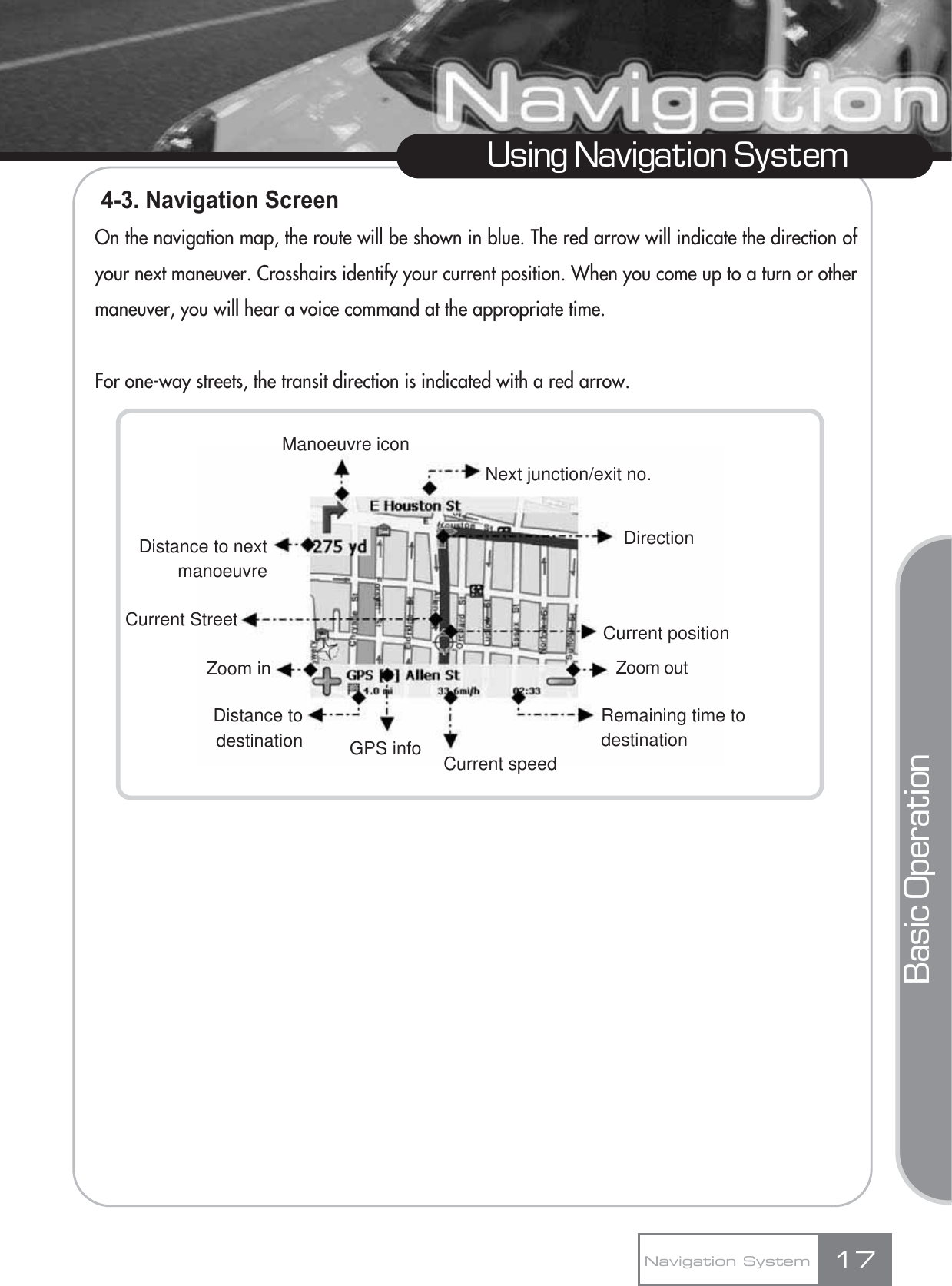 4-3. Navigation ScreenOn the navigation map, the route will be shown in blue. The red arrow will indicate the direction ofyour next maneuver. Crosshairs identify your current position. When you come up to a turn or othermaneuver, you will hear a voice command at the appropriate time.For one-way streets, the transit direction is indicated with a red arrow.17Using Navigation SystemNavigation SystemBasic OperationCurrent speedNext junction/exit no.DirectionCurrent positionZoom outRemaining time to destinationManoeuvre iconDistance to next manoeuvreCurrent StreetDistance todestination GPS infoZoom in