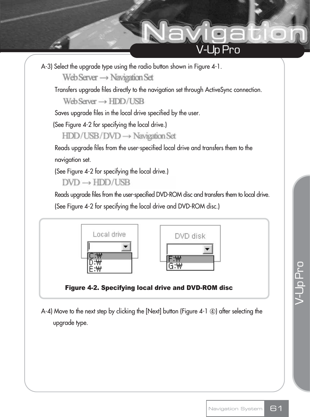 V-Up Pro V-Up Pro A-3) Select the upgrade type using the radio button shown in Figure 4-1.  Transfers upgrade files directly to the navigation set through ActiveSync connection.Saves upgrade files in the local drive specified by the user. (See Figure 4-2 for specifying the local drive.)Reads upgrade files from the user-specified local drive and transfers them to the navigation set. (See Figure 4-2 for specifying the local drive.)Reads upgrade files from the user-specified DVD-ROM disc and transfers them to local drive.(See Figure 4-2 for specifying the local drive and DVD-ROM disc.)Figure 4-2. Specifying local drive and DVD-ROM discA-4) Move to the next step by clicking the [Next] button (Figure 4-1 ڻ) after selecting the upgrade type.Navigation System 61