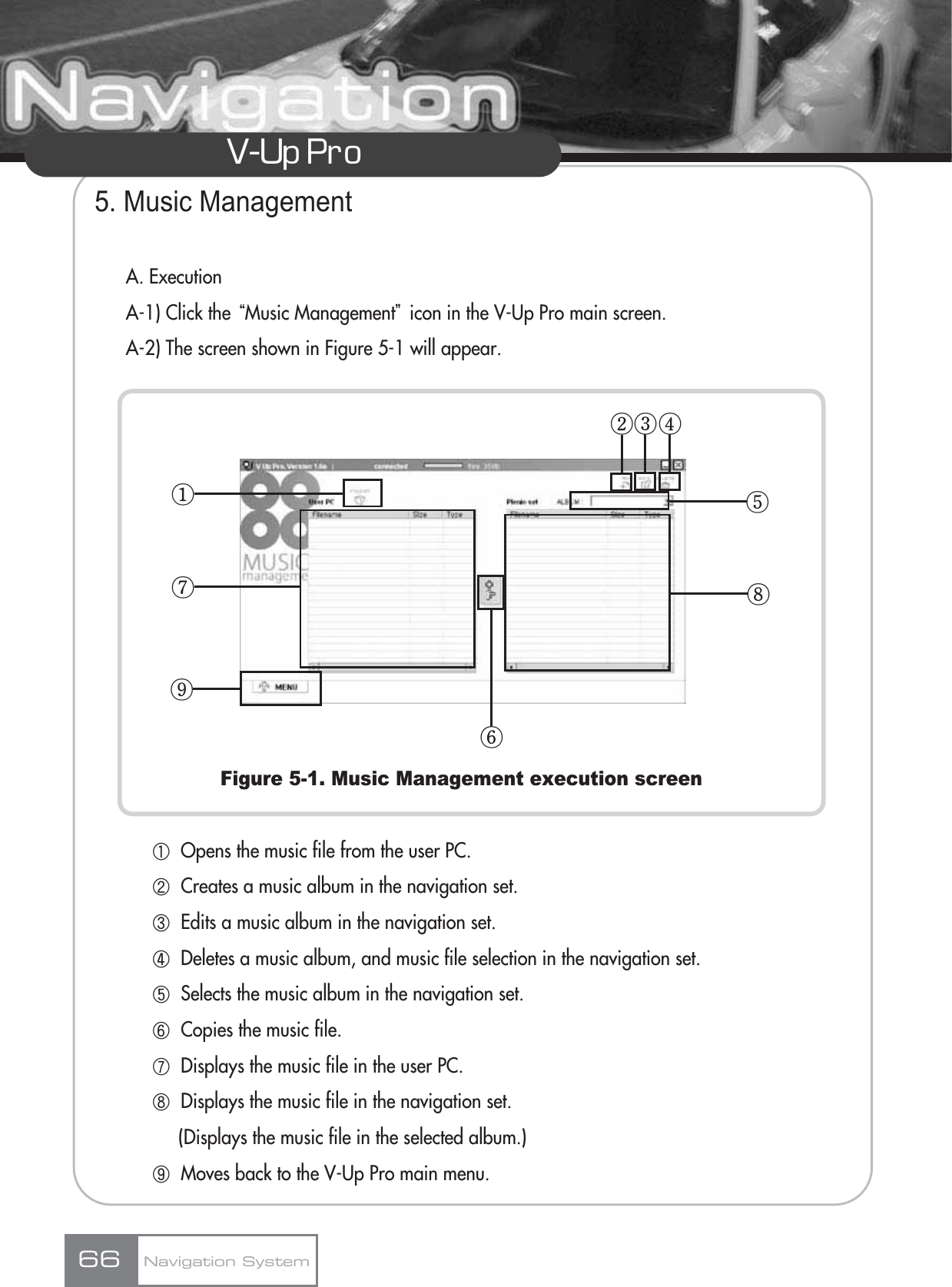 V-Up Pro 5. Music ManagementA. ExecutionA-1) Click the ūMusic ManagementŬicon in the V-Up Pro main screen.A-2) The screen shown in Figure 5-1 will appear.Figure 5-1. Music Management execution screenڸOpens the music file from the user PC.ڹCreates a music album in the navigation set.ںEdits a music album in the navigation set.ڻDeletes a music album, and music file selection in the navigation set.ڼSelects the music album in the navigation set.ڽCopies the music file.ھDisplays the music file in the user PC.ڿDisplays the music file in the navigation set.(Displays the music file in the selected album.)ۀMoves back to the V-Up Pro main menu.Navigation System66کڨڧڡڦڥڢڣڤ