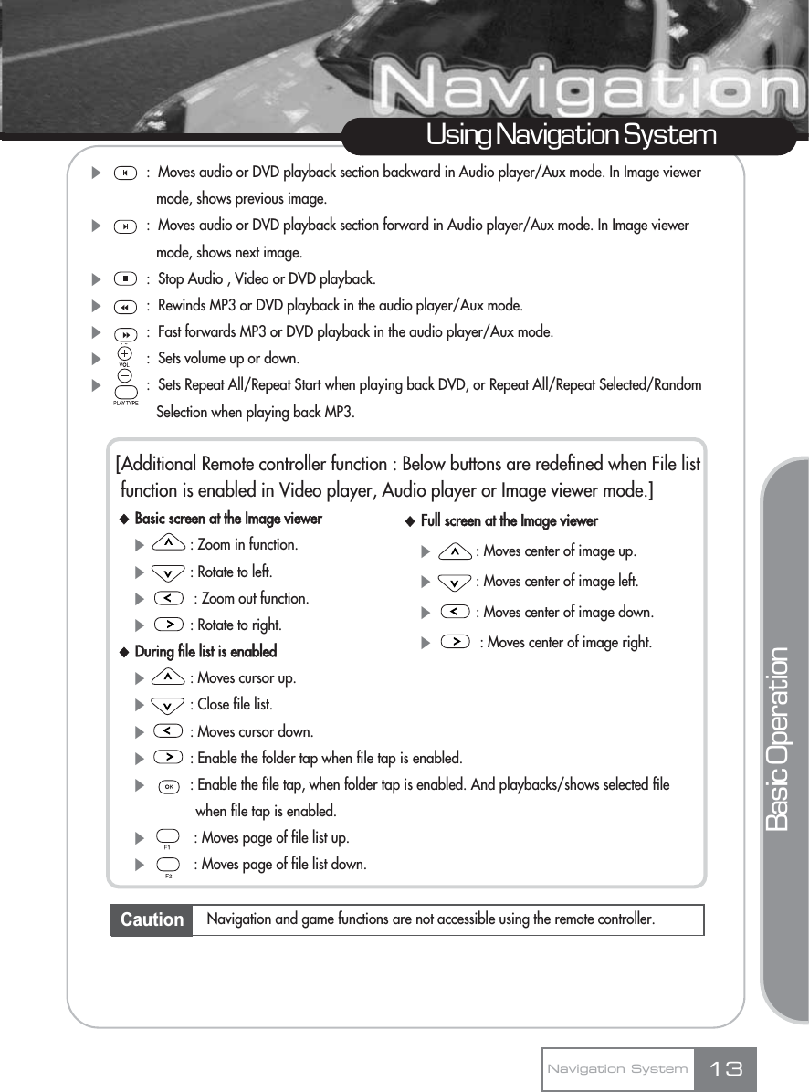 Ș:  Moves audio or DVD playback section backward in Audio player/Aux mode. In Image viewer mode, shows previous image.Ș:  Moves audio or DVD playback section forward in Audio player/Aux mode. In Image viewer mode, shows next image.Ș:  Stop Audio , Video or DVD playback.Ș:  Rewinds MP3 or DVD playback in the audio player/Aux mode.Ș:  Fast forwards MP3 or DVD playback in the audio player/Aux mode.Ș:  Sets volume up or down.Ș:  Sets Repeat All/Repeat Start when playing back DVD, or Repeat All/Repeat Selected/Random Selection when playing back MP3.[Additional Remote controller function : Below buttons are redefined when File list function is enabled in Video player, Audio player or Image viewer mode.]ƃBasic screen at the Image viewer Ș: Zoom in function.Ș: Rotate to left.Ș: Zoom out function.Ș: Rotate to right.ƃDuring file list is enabledȘ: Moves cursor up.Ș: Close file list.Ș: Moves cursor down.Ș: Enable the folder tap when file tap is enabled.Ș: Enable the file tap, when folder tap is enabled. And playbacks/shows selected file when file tap is enabled.Ș: Moves page of file list up.Ș: Moves page of file list down.13Using Navigation SystemCaution Navigation and game functions are not accessible using the remote controller.Navigation SystemBasic OperationƃFull screen at the Image viewerȘ: Moves center of image up.Ș: Moves center of image left.Ș: Moves center of image down.Ș: Moves center of image right.