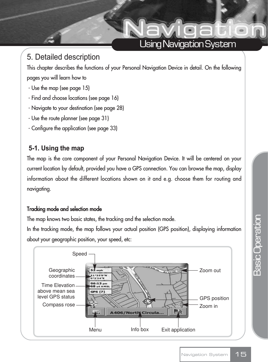 5. Detailed descriptionThis chapter describes the functions of your Personal Navigation Device in detail. On the followingpages you will learn how to - Use the map (see page 15)- Find and choose locations (see page 16)- Navigate to your destination (see page 28)- Use the route planner (see page 31)- Configure the application (see page 33)5-1. Using the mapThe map is the core component of your Personal Navigation Device. It will be centered on yourcurrent location by default, provided you have a GPS connection. You can browse the map, displayinformation about the different locations shown on it and e.g. choose them for routing andnavigating.Tracking mode and selection modeThe map knows two basic states, the tracking and the selection mode. In the tracking mode, the map follows your actual position (GPS position), displaying informationabout your geographic position, your speed, etc:15Using Navigation SystemNavigation SystemBasic OperationZoom inSpeedGeographiccoordinatesTime Elevationabove mean sealevel GPS statusCompass roseMenu Info box Exit applicationGPS positionZoom out