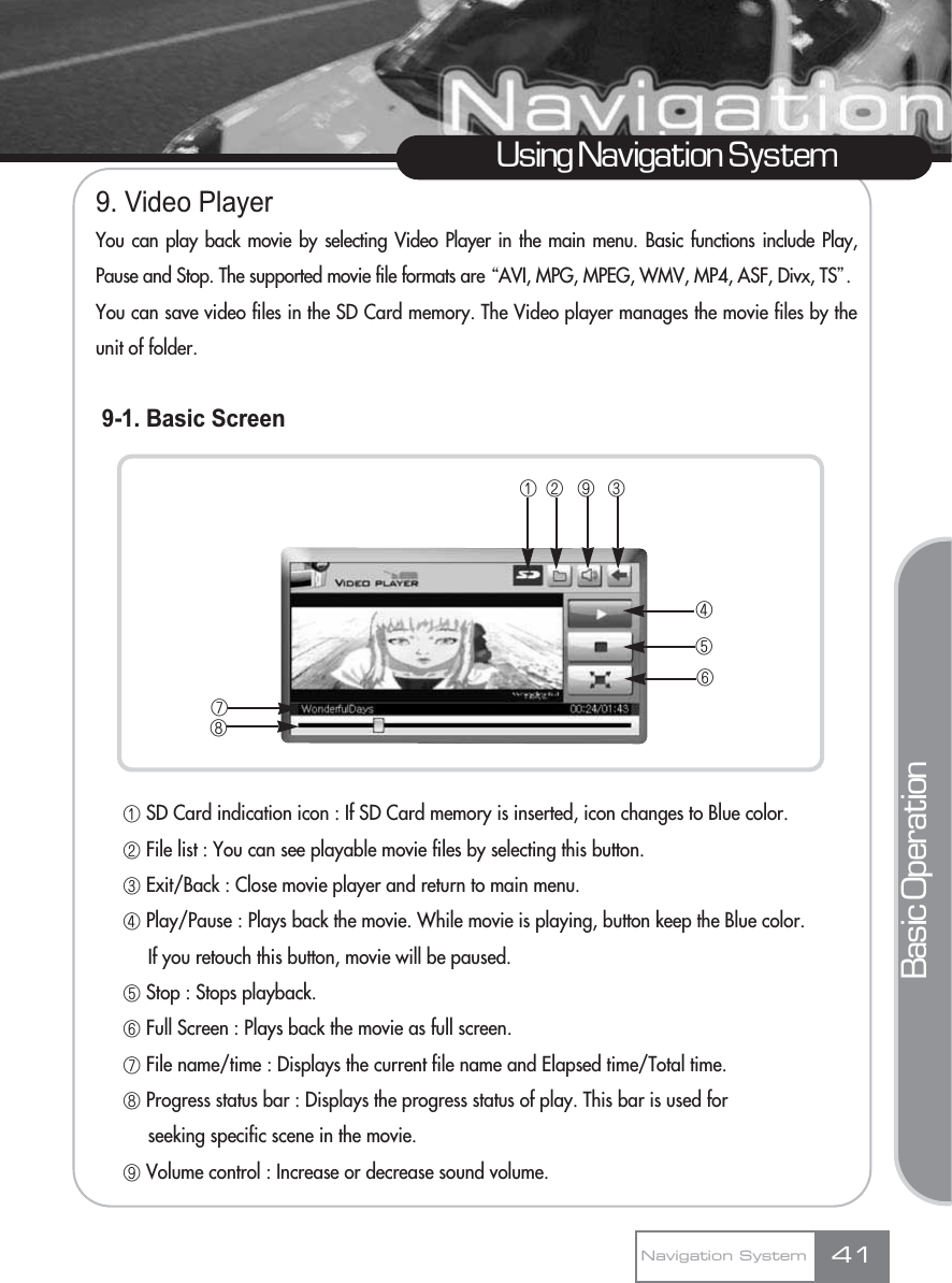 Using Navigation System9. Video PlayerYou can play back movie by selecting Video Player in the main menu. Basic functions include Play,Pause and Stop. The supported movie file formats are ŔAVI, MPG, MPEG, WMV, MP4, ASF, Divx, TSŕ.You can save video files in the SD Card memory. The Video player manages the movie files by theunit of folder.9-1. Basic ScreenڡSD Card indication icon : If SD Card memory is inserted, icon changes to Blue color.ڢFile list : You can see playable movie files by selecting this button.ڣExit/Back : Close movie player and return to main menu.ڤPlay/Pause : Plays back the movie. While movie is playing, button keep the Blue color.  If you retouch this button, movie will be paused.ڥStop : Stops playback.ڦFull Screen : Plays back the movie as full screen.ڧFile name/time : Displays the current file name and Elapsed time/Total time.ڨProgress status bar : Displays the progress status of play. This bar is used for seeking specific scene in the movie.کVolume control : Increase or decrease sound volume.Navigation System 41Basic Operationڥڦڧڨڡڢک ڣڤ