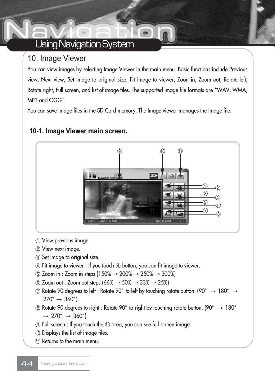 10. Image ViewerYou can view images by selecting Image Viewer in the main menu. Basic functions include Previousview, Next view, Set image to original size, Fit image to viewer, Zoon in, Zoom out, Rotate left,Rotate right, Full screen, and list of image files. The supported image file formats are ŔWAV, WMA,MP3 and OGGŕ.You can save image files in the SD Card memory. The Image viewer manages the image file.10-1. Image Viewer main screen.ڡView previous image.ڢView next image.ڣSet image to original size.ڤFit image to viewer : If you touch ڤbutton, you can fit image to viewer.ڥZoom in : Zoom in steps (150% ؋200% ؋250% ؋300%)ڦZoom out : Zoom out steps (66% ؋50% ؋33% ؋25%)ڧRotate 90 degrees to left : Rotate 90Ňto left by touching rotate button. (90Ň؋ 180Ň؋270Ň؋ 360Ň)ڨRotate 90 degrees to right : Rotate 90Ňto right by touching rotate button. (90Ň؋ 180Ň؋270Ň؋ 360Ň)کFull screen : If you touch the کarea, you can see full screen image.ڪDisplays the list of image files.ګReturns to the main menu.Using Navigation SystemNavigation System44ڥڦڧڨڪګڡڢڣڤک