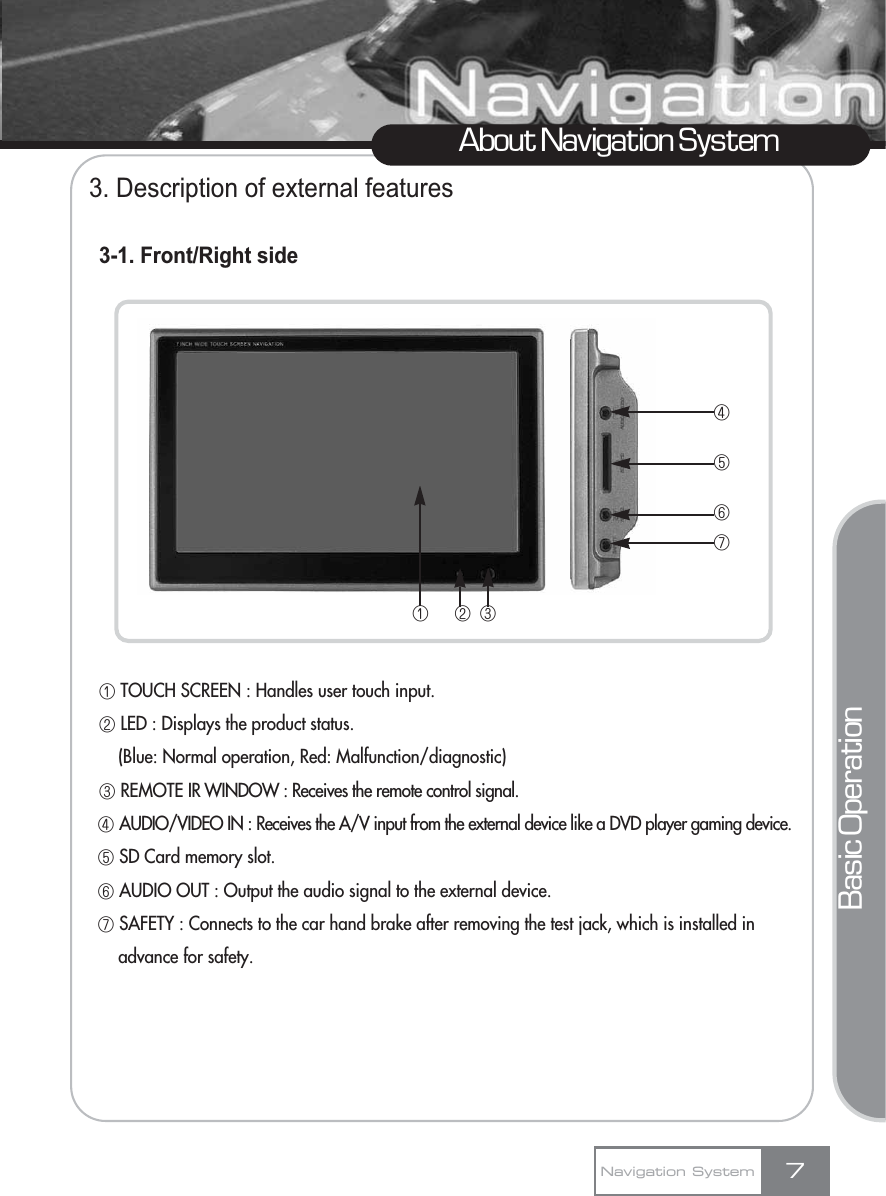 3. Description of external features3-1. Front/Right sideڡTOUCH SCREEN : Handles user touch input.ڢLED : Displays the product status.(Blue: Normal operation, Red: Malfunction/diagnostic)ڣREMOTE IR WINDOW : Receives the remote control signal.ڤAUDIO/VIDEO IN : Receives the A/V input from the external device like a DVD player gaming device.ڥSD Card memory slot.ڦAUDIO OUT : Output the audio signal to the external device.ڧSAFETY : Connects to the car hand brake after removing the test jack, which is installed in advance for safety.7About Navigation SystemNavigation SystemBasic Operationڤڥڦڧڡڢڣ