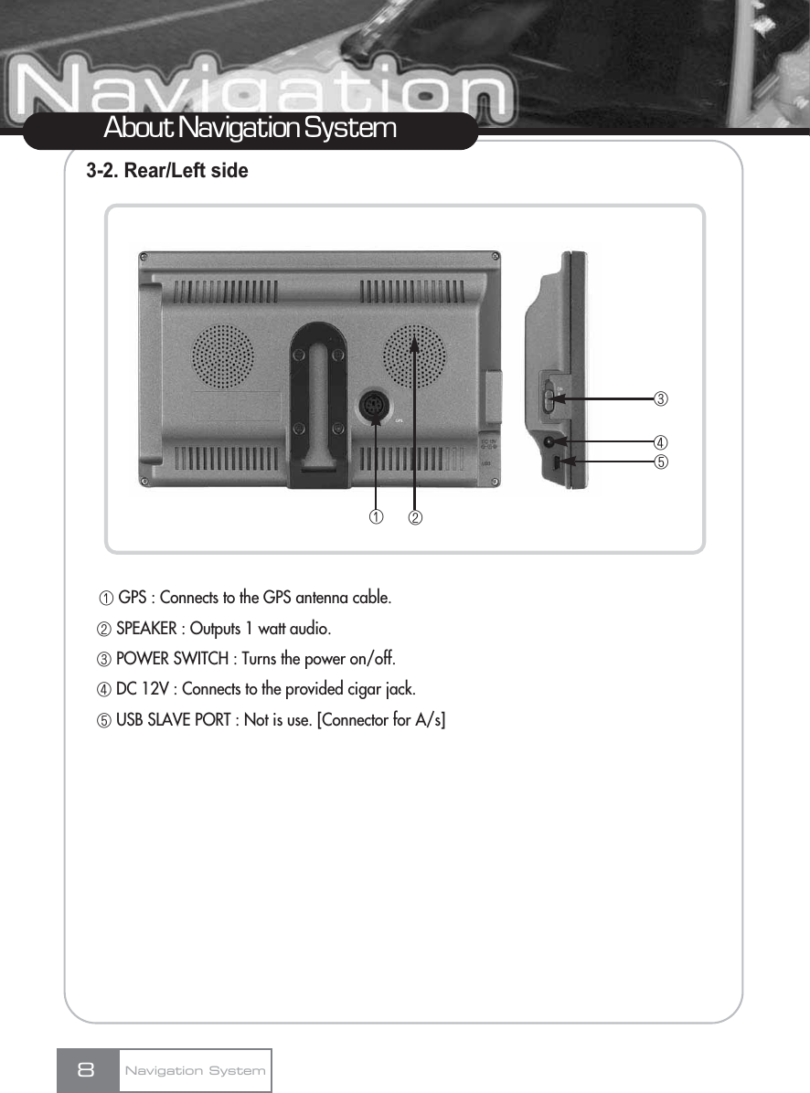 3-2. Rear/Left sideڡGPS : Connects to the GPS antenna cable.ڢSPEAKER : Outputs 1 watt audio.ڣPOWER SWITCH : Turns the power on/off.ڤDC 12V : Connects to the provided cigar jack.ڥUSB SLAVE PORT : Not is use. [Connector for A/s]8About Navigation SystemNavigation Systemڤڡڢڣڥ