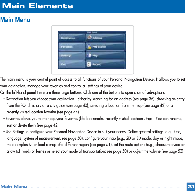 Main MenuThe main menu is your central point of access to all functions of your Personal Navigation Device. It allows you to setyour destination, manage your favorites and control all settings of your device.On the left-hand panel there are three large buttons. Click one of the buttons to open a set of sub-options: •Destination lets you choose your destination - either by searching for an address (see page 35), choosing an entry from the POI directory or a city guide (see page 40), selecting a location from the map (see page 42) or a recently visited location favorite (see page 44).•Favorites allows you to manage your favorites (like bookmarks, recently visited locations, trips). You can rename, sort or delete them (see page 42).•Use Settings to configure your Personal Navigation Device to suit your needs. Define general settings (e.g., time, language, system of measurement, see page 50), configure your map (e.g., 2D or 3D mode, day or night mode, map complexity) or load a map of a different region (see page 51), set the route options (e.g., choose to avoid or allow toll roads or ferries or select your mode of transportation; see page 50) or adjust the volume (see page 53).  31Main MenuMain Elements