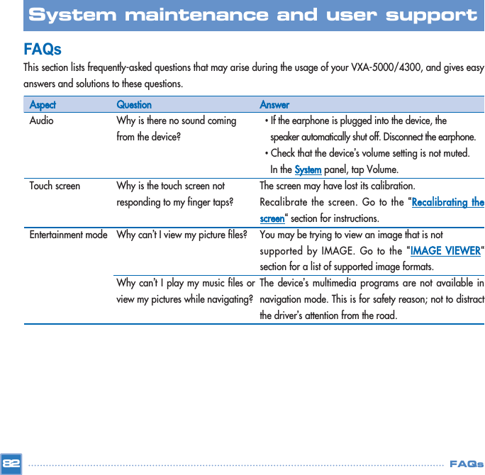 FAQsThis section lists frequently-asked questions that may arise during the usage of your VXA-5000/4300, and gives easyanswers and solutions to these questions. 82System maintenance and user support FAQsAspectAudioTouch screenEntertainment mode QuestionWhy is there no sound coming from the device?Why is the touch screen not responding to my finger taps? Why can’t I view my picture files? Why can’t I play my music files orview my pictures while navigating?  Answer•If the earphone is plugged into the device, the speaker automatically shut off. Disconnect the earphone.•Check that the device’s volume setting is not muted. In the Systempanel, tap Volume.The screen may have lost its calibration. Recalibrate the screen. Go to the “Recalibrating thescreen“section for instructions. You may be trying to view an image that is not supported by IMAGE. Go to the “IMAGE  VIEWER“section for a list of supported image formats. The device’s multimedia programs are not available innavigation mode. This is for safety reason; not to distractthe driver’s attention from the road.