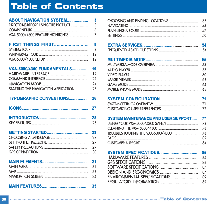 2CHOOSING AND FINDING LOCATIONS .............................NAVIGATING .....................................................................PLANNING A ROUTE ..........................................................SETTINGS ............................................................................EXTRA SERVICES..................................................FREQUENTLY ASKED QUESTIONS .......................................MULTIMEDIA MODE...............................................MULTIMEDIA MODE OVERVIEW ..........................................AUDIO PLAYER ....................................................................VIDEO PLAYER ....................................................................IMAGE VIEWER ...................................................................GAME MODE ......................................................................MOBILE PHONE MODE .......................................................SYSTEM CONFIGURATION..................................SYSTEM SETTINGS OVERVIEW ............................................CUSTOMIZING USER PREFERENCES .....................................SYSTEM MAINTENANCE AND USER SUPPORT......USING YOUR VXA-5000/4300 SAFELY ...............................CLEANING THE VXA-5000/4300 ........................................TROUBLESHOOTING THE VXA-5000/4300 ..........................FAQS ..................................................................................CUSTOMER SUPPORT ..........................................................SYSTEM SPECIFICATIONS...................................HARDWARE FEATURES ..........................................GPS SPECIFICATIONS .............................................SOFTWARE SPECIFICATIONS .................................DESIGN AND ERGONOMICS .................................ENVIRONMENTAL SPECIFICATIONS .......................REGULATORY INFORMATION ................................Table of ContentsTable of ContentsABOUT NAVIGATION SYSTEM...................DIRECTIONS BEFORE USING THIS PRODUCT ....................COMPONENTS .......................................................VXA-5000/4300 FEATURE HIGHLIGHTS ...................FIRST THINGS FIRST..........................SYSTEM TOUR .........................................................PERIPHERALS TOUR ..................................................VXA-5000/4300 SETUP ...........................................VXA-5000/4300 FUNDAMENTALS..............HARDWARE INTERFACE ...............................COMMAND INTERFACE ..........................................NAVIGATION MODE ..............................................STARTING THE NAVIGATION APPLICATION  ...........TYPOGRAPHIC CONVENTIONS.................ICONS............................................................INTRODUCTION...........................................KEY FEATURES ........................................................GETTING STARTED.....................................CHOOSING A LANGUAGE .....................................SETTING THE TIME ZONE ........................................SAFETY PRECAUTIONS ............................................GPS CONNECTION .................................................MAIN ELEMENTS.........................................MAIN MENU ...........................................................MAP ........................................................................NAVIGATION SCREEN ............................................MAIN FEATURES.........................................33 67881212  191922242526272828292929293031313234353545475054545555556062646571717277787878828485858687878989