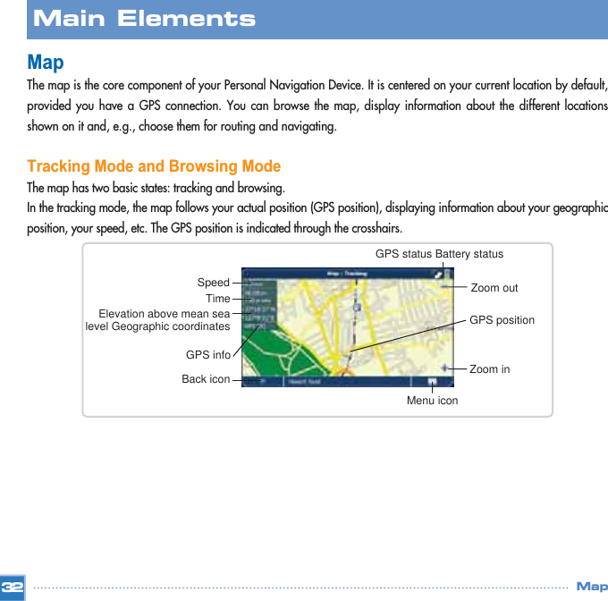 MapThe map is the core component of your Personal Navigation Device. It is centered on your current location by default,provided you have a GPS connection. You can browse the map, display information about the different locationsshown on it and, e.g., choose them for routing and navigating.Tracking Mode and Browsing ModeThe map has two basic states: tracking and browsing. In the tracking mode, the map follows your actual position (GPS position), displaying information about your geographicposition, your speed, etc. The GPS position is indicated through the crosshairs.Map32Main ElementsElevation above mean sea level Geographic coordinatesSpeedTimeBack icon Zoom inMenu iconGPS positionZoom outGPS status Battery statusGPS info