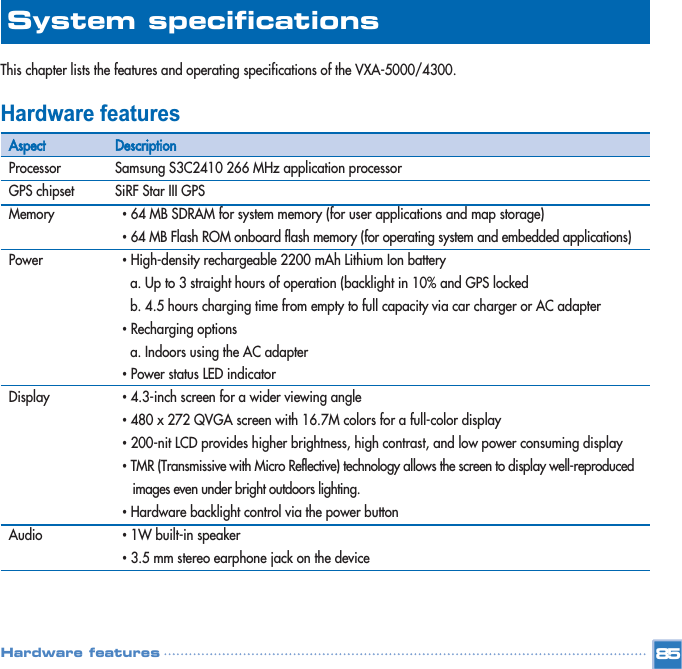 This chapter lists the features and operating specifications of the VXA-5000/4300.  Hardware features85System specifications Hardware featuresAspectProcessor GPS chipset  MemoryPowerDisplay AudioDescriptionSamsung S3C2410 266 MHz application processorSiRF Star III GPS •64 MB SDRAM for system memory (for user applications and map storage) •64 MB Flash ROM onboard flash memory (for operating system and embedded applications)•High-density rechargeable 2200 mAh Lithium Ion battery  a. Up to 3 straight hours of operation (backlight in 10% and GPS locked b. 4.5 hours charging time from empty to full capacity via car charger or AC adapter  •Recharging options a. Indoors using the AC adapter  •Power status LED indicator•4.3-inch screen for a wider viewing angle •480 x 272 QVGA screen with 16.7M colors for a full-color display •200-nit LCD provides higher brightness, high contrast, and low power consuming display •TMR (Transmissive with Micro Reflective) technology allows the screen to display well-reproduced images even under bright outdoors lighting. •Hardware backlight control via the power button •1W built-in speaker •3.5 mm stereo earphone jack on the device  