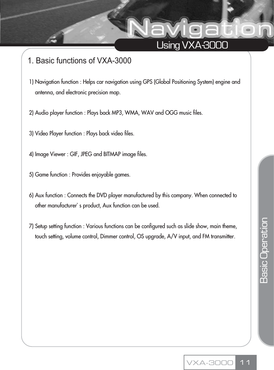 1. Basic functions of VXA-30001) Navigation function : Helps car navigation using GPS (Global Positioning System) engine and antenna, and electronic precision map.2) Audio player function : Plays back MP3, WMA, WAV and OGG music files.3) Video Player function : Plays back video files.4) Image Viewer : GIF, JPEG and BITMAP image files.5) Game function : Provides enjoyable games.6) Aux function : Connects the DVD player manufactured by this company. When connected to other manufacturerœs product, Aux function can be used.7) Setup setting function : Various functions can be configured such as slide show, main theme, touch setting, volume control, Dimmer control, OS upgrade, A/V input, and FM transmitter.11Using VXA-3000VXA-3000Basic Operation