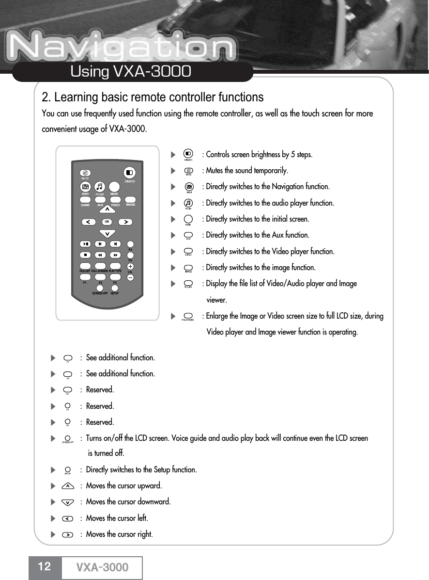 Using VXA-3000 &gt;@)2. Learning basic remote controller functionsYou can use frequently used function using the remote controller, as well as the touch screen for moreconvenient usage of VXA-3000.ȯ: See additional function.ȯ: See additional function.ȯ: Reserved.ȯ: Reserved.ȯ: Reserved.ȯ: Turns on/off the LCD screen. Voice guide and audio play back will continue even the LCD screenis turned off.ȯ: Directly switches to the Setup function.ȯ: Moves the cursor upward.ȯ: Moves the cursor downward.ȯ: Moves the cursor left.ȯ: Moves the cursor right.ȯ: Controls screen brightness by 5 steps.ȯ: Mutes the sound temporarily.ȯ: Directly switches to the Navigation function.ȯ: Directly switches to the audio player function.ȯ: Directly switches to the initial screen.ȯ: Directly switches to the Aux function.ȯ: Directly switches to the Video player function.ȯ: Directly switches to the image function.ȯ: Display the file list of Video/Audio player and Imageviewer.ȯ: Enlarge the Image or Video screen size to full LCD size, duringVideo player and Image viewer function is operating.NAVIGAME AUX VIDEOMAINIMAGEOKF4F1 F2 F3F5FILE LIST PLAY TYPEFULL SCREENSCREEN OFF SETUP