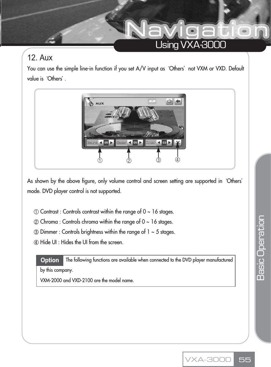 12. AuxYou can use the simple line-in function if you set A/V input as ũOthersŪnot VXM or VXD. Defaultvalue is ũOthersŪ.As shown by the above figure, only volume control and screen setting are supported in ũOthersŪmode. DVD player control is not supported.ڸContrast : Controls contrast within the range of 0 ~ 16 stages.ڹChroma : Controls chroma within the range of 0 ~ 16 stages.ںDimmer : Controls brightness within the range of 1 ~ 5 stages.ڻHide UI : Hides the UI from the screen. Using VXA-3000VXA-3000 55Basic OperationڡڢڣڤOption The following functions are available when connected to the DVD player manufacturedby this company.VXM-2000 and VXD-2100 are the model name.