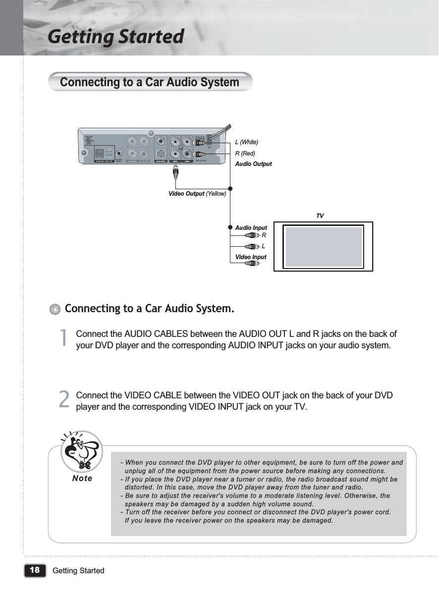 18Getting StartedGetting StartedConnecting to a Car Audio SystemConnect the AUDIO CABLES between the AUDIO OUT L and R jacks on the back of your DVD player and the corresponding AUDIO INPUT jacks on your audio system.11Connect the VIDEO CABLE between the VIDEO OUT jack on the back of your DVD player and the corresponding VIDEO INPUT jack on your TV.22- When you connect the DVD player to other equipment, be sure to turn off the power and   unplug all of the equipment from the power source before making any connections.- If you place the DVD player near a turner or radio, the radio broadcast sound might be  distorted. In this case, move the DVD player away from the tuner and radio.- Be sure to adjust the receiver&apos;s volume to a moderate listening level. Otherwise, the   speakers may be damaged by a sudden high volume sound.- Turn off the receiver before you connect or disconnect the DVD player&apos;s power cord.   If you leave the receiver power on the speakers may be damaged.NoteConnecting to a Car Audio System.L (White)Audio OutputTVAudio InputVideo InputR (Red)RLVideo Output (Yellow)