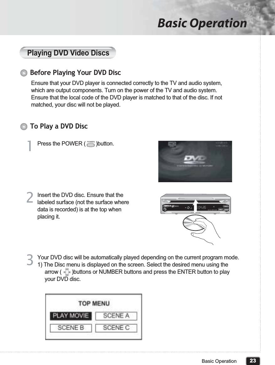 23Basic OperationBasic OperationPlaying DVD Video DiscsEnsure that your DVD player is connected correctly to the TV and audio system, which are output components. Turn on the power of the TV and audio system. Ensure that the local code of the DVD player is matched to that of the disc. If not matched, your disc will not be played.Before Playing Your DVD DiscPress the POWER (       )button.11Insert the DVD disc. Ensure that the labeled surface (not the surface where data is recorded) is at the top when placing it.22Your DVD disc will be automatically played depending on the current program mode.1) The Disc menu is displayed on the screen. Select the desired menu using the      arrow (       )buttons or NUMBER buttons and press the ENTER button to play      your DVD disc.33To Play a DVD Disc