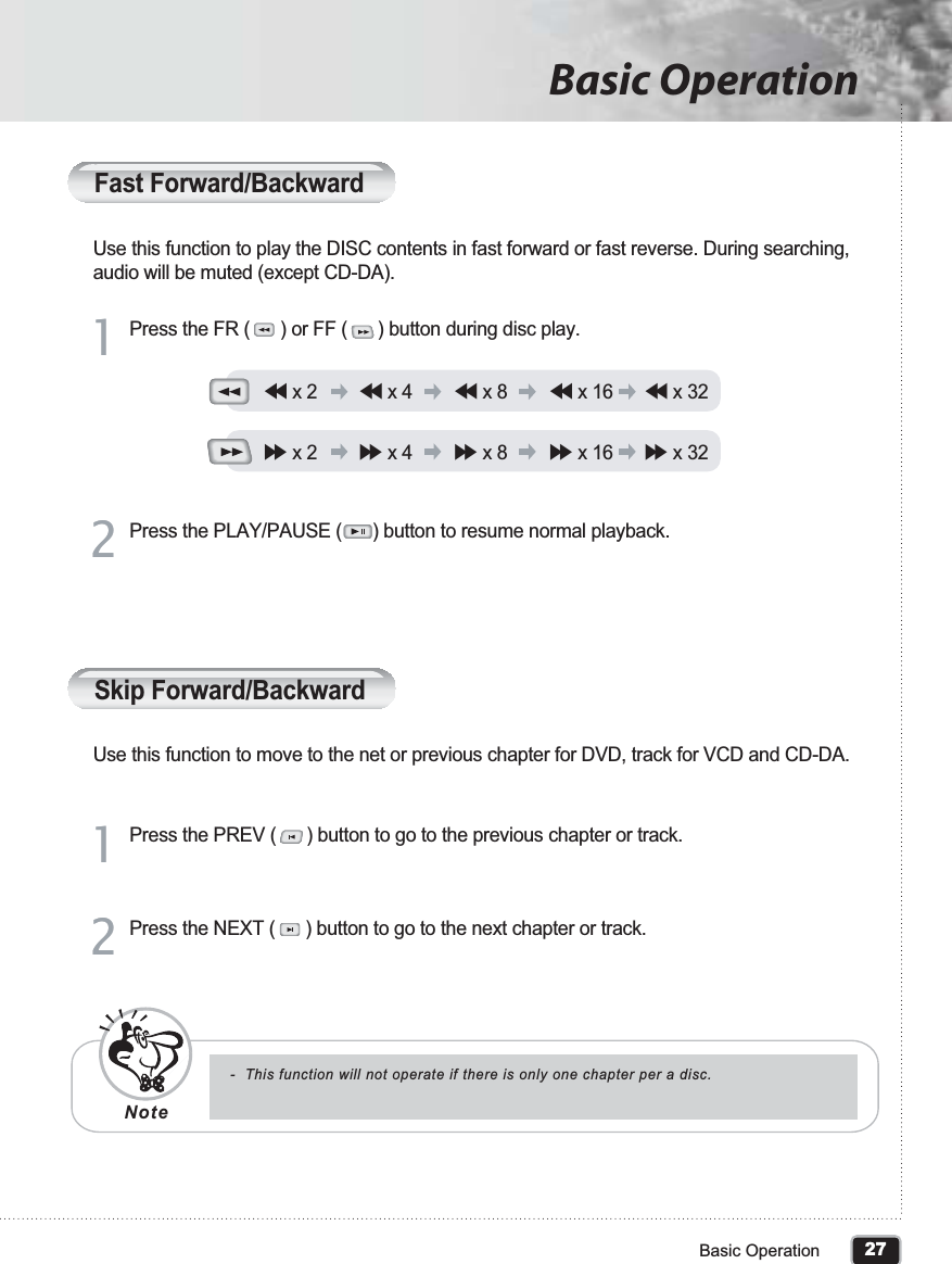 27Basic OperationBasic OperationFast Forward/BackwardUse this function to play the DISC contents in fast forward or fast reverse. During searching, audio will be muted (except CD-DA).Press the FR (      ) or FF (      ) button during disc play.11Press the PLAY/PAUSE (      ) button to resume normal playback.22Skip Forward/BackwardUse this function to move to the net or previous chapter for DVD, track for VCD and CD-DA.Press the PREV (      ) button to go to the previous chapter or track.11Press the NEXT (      ) button to go to the next chapter or track.22-  This function will not operate if there is only one chapter per a disc.NoteඔඔG x 2 ඔඔG x 4 ඔඔG x 8 ඔඔG x 16 ඔඔG x 32ඖඖG x 2 ඖඖG x 4 ඖඖG x 8 ඖඖG x 16 ඖඖG x 32