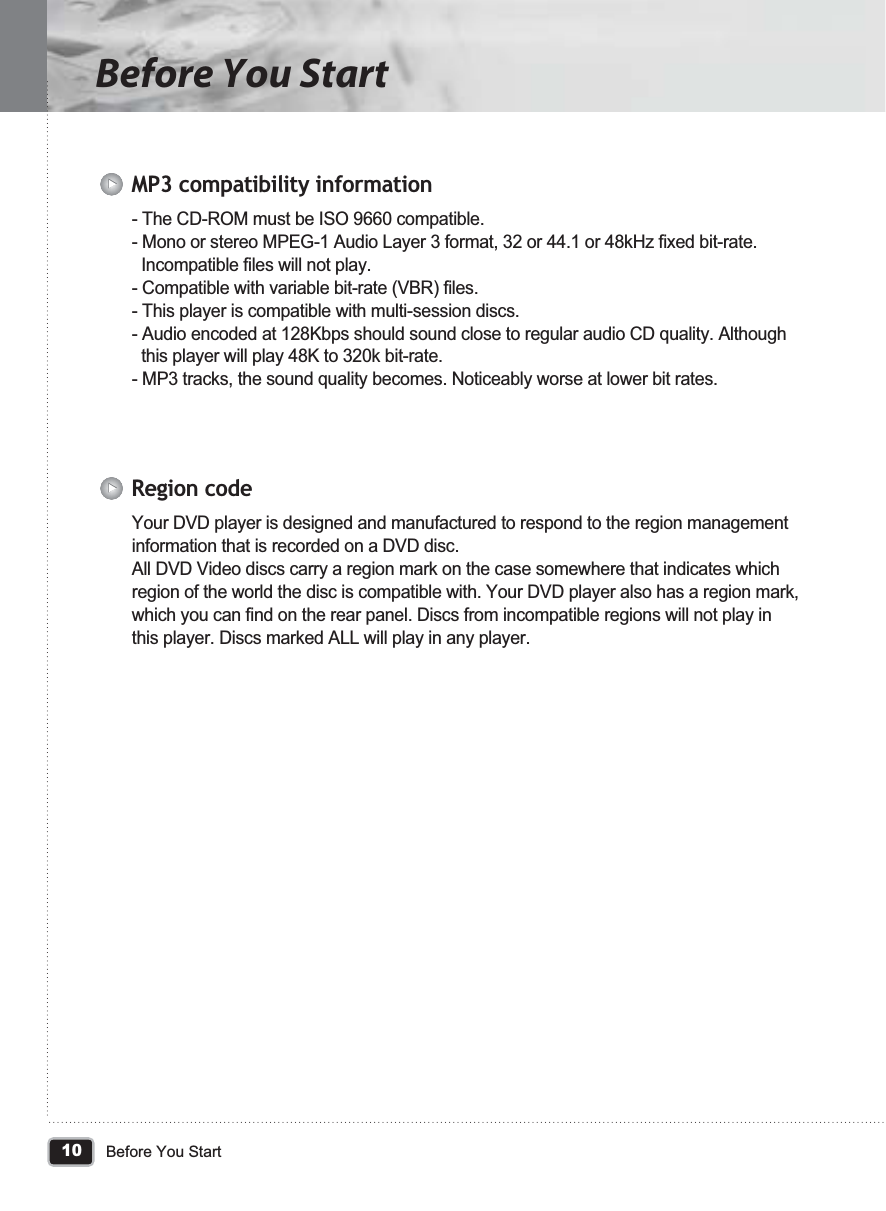 10Before You StartBefore You Start- The CD-ROM must be ISO 9660 compatible.- Mono or stereo MPEG-1 Audio Layer 3 format, 32 or 44.1 or 48kHz fixed bit-rate.   Incompatible files will not play.- Compatible with variable bit-rate (VBR) files. - This player is compatible with multi-session discs.- Audio encoded at 128Kbps should sound close to regular audio CD quality. Although   this player will play 48K to 320k bit-rate.- MP3 tracks, the sound quality becomes. Noticeably worse at lower bit rates.MP3 compatibility informationYour DVD player is designed and manufactured to respond to the region management information that is recorded on a DVD disc. All DVD Video discs carry a region mark on the case somewhere that indicates which region of the world the disc is compatible with. Your DVD player also has a region mark, which you can find on the rear panel. Discs from incompatible regions will not play in this player. Discs marked ALL will play in any player.Region code