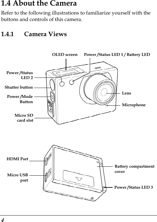  4 1.4 About the Camera Refer to the following illustrations to familiarize yourself with the buttons and controls of this camera.   1.4.1 Camera Views   Power /Status LED 1 / Battery LEDMicrophone Lens Power /StatusLED 2Shutter buttonMicro SDcard slotOLED screenPower /ModeButton    Battery compartment cover Power /Status LED 3 HDMI PortMicro USB port 