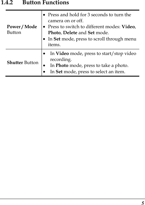  5 1.4.2 Button Functions Power / Mode Button • Press and hold for 3 seconds to turn the camera on or off. • Press to switch to different modes: Video, Photo, Delete and Set mode. • In Set mode, press to scroll through menu items. Shutter Button • In Video mode, press to start/stop video recording. • In Photo mode, press to take a photo. • In Set mode, press to select an item.  