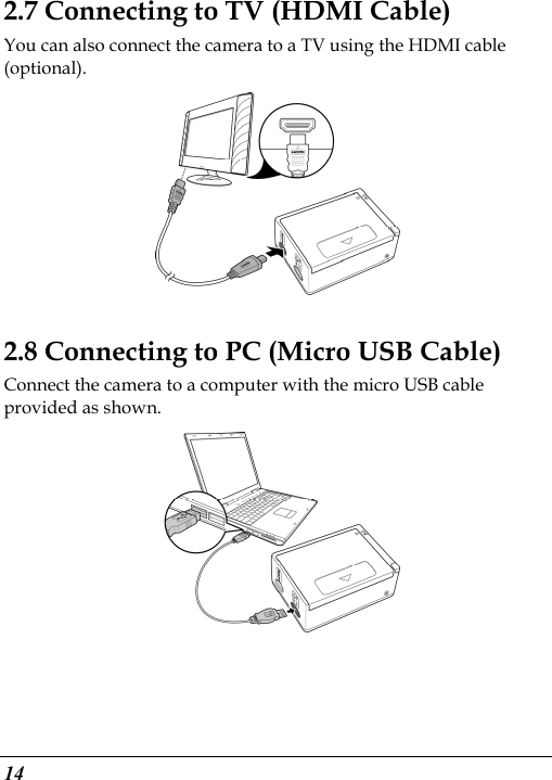  14 2.7 Connecting to TV (HDMI Cable) You can also connect the camera to a TV using the HDMI cable (optional).  2.8 Connecting to PC (Micro USB Cable) Connect the camera to a computer with the micro USB cable provided as shown.  