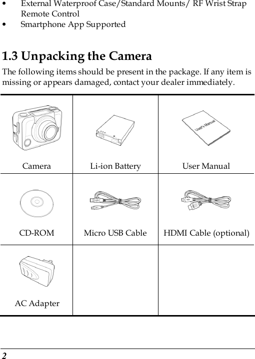  2 • External Waterproof Case/Standard Mounts/ RF Wrist Strap Remote Control • Smartphone App Supported 1.3 Unpacking the Camera The following items should be present in the package. If any item is missing or appears damaged, contact your dealer immediately.       Camera  Li-ion Battery  User Manual    CD-ROM  Micro USB Cable  HDMI Cable (optional)      AC Adapter     