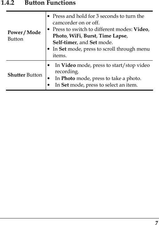  7 1.4.2 Button Functions Power / Mode Button • Press and hold for 3 seconds to turn the camcorder on or off. • Press to switch to different modes: Video, Photo, WiFi, Burst, Time Lapse, Self-timer, and Set mode. • In Set mode, press to scroll through menu items. Shutter Button • In Video mode, press to start/stop video recording. • In Photo mode, press to take a photo. • In Set mode, press to select an item.  