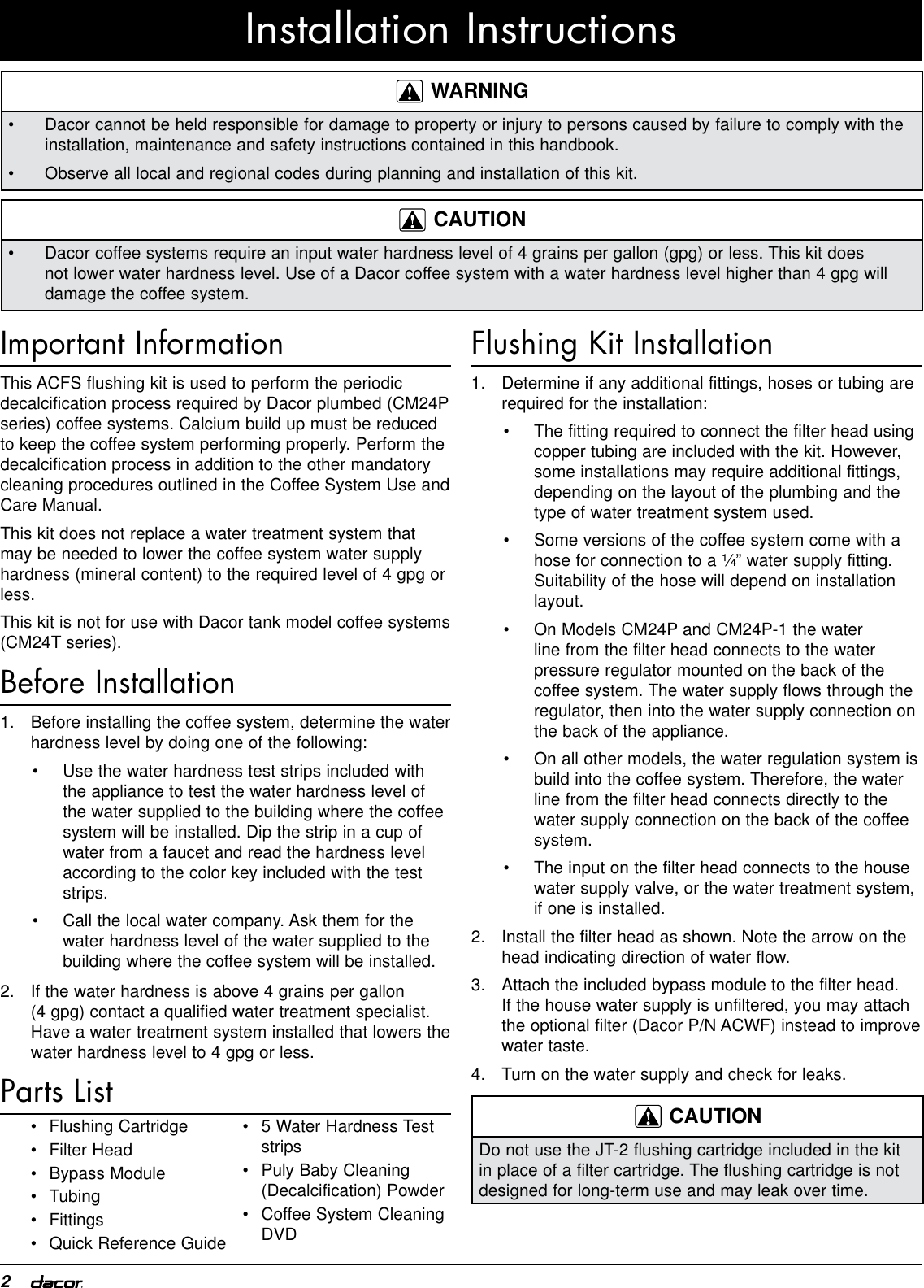 Page 4 of 8 - Dacor Dacor-Flushing-System-Kit-Acfs-Users-Manual-  Dacor-flushing-system-kit-acfs-users-manual