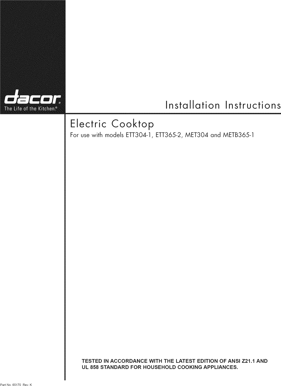 Page 1 of 12 - Dacor ETT304BG User Manual  COOKTOP - Manuals And Guides 1205055L