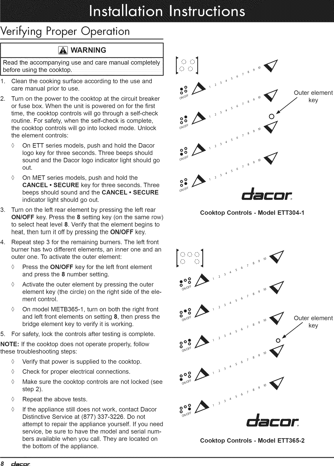 Page 10 of 12 - Dacor ETT304BG User Manual  COOKTOP - Manuals And Guides 1205055L