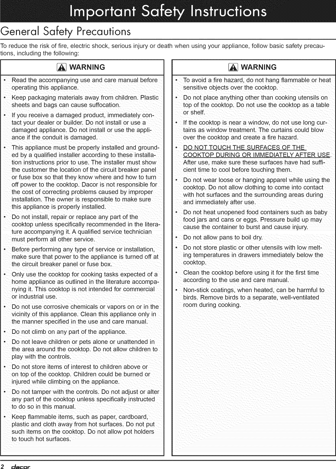 Page 4 of 12 - Dacor ETT304BG User Manual  COOKTOP - Manuals And Guides 1205055L