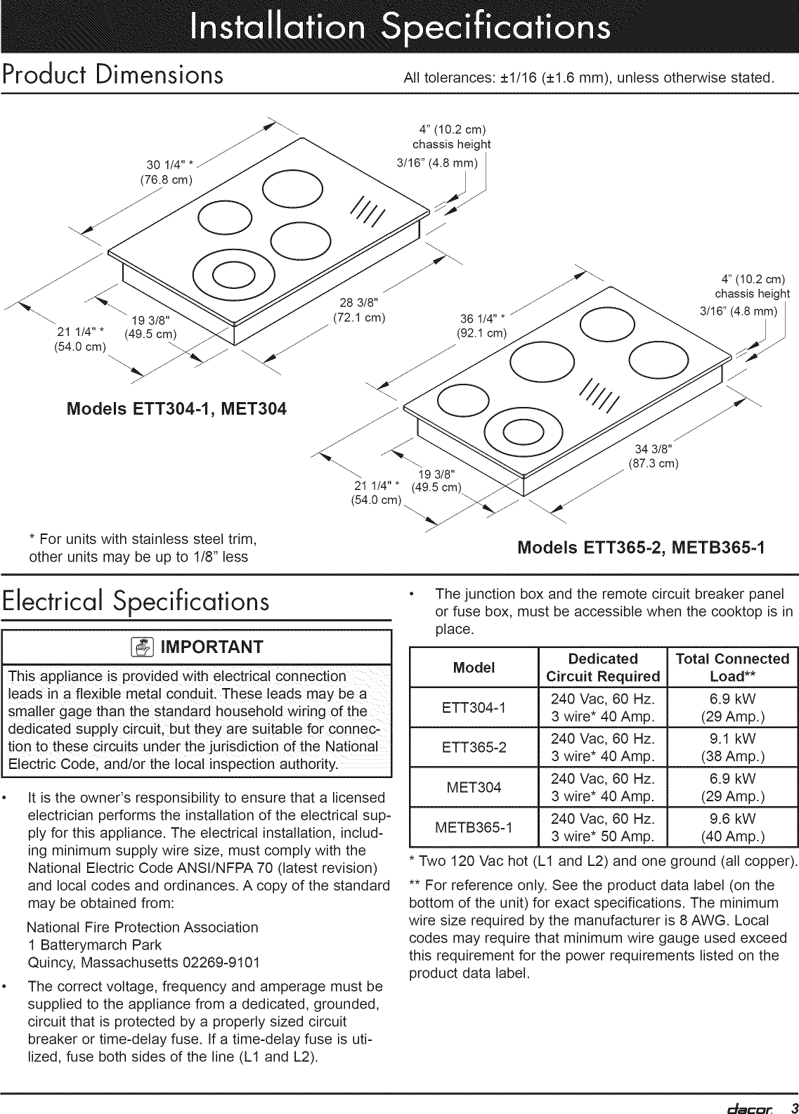 Page 5 of 12 - Dacor ETT304BG User Manual  COOKTOP - Manuals And Guides 1205055L