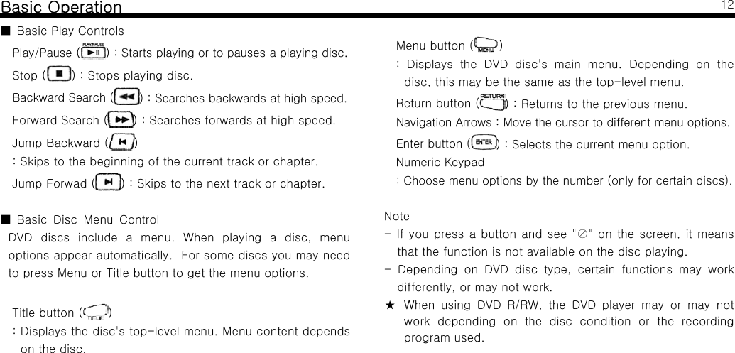 Basic Operation■BasicPlayControlsPlay/Pause ( ) : Starts playing or to pauses a playing disc.Stop ( ):Stopsplayingdisc.Backward Search ( ) : Searches backwards at high speed.Forward Search ( ) : Searches forwards at high speed.Jump Backward ( ): Skips to the beginning of the current track or chapter.Jump Forwad ( ):Skipstothenexttrackorchapter.Basic Disc Menu Control■DVD discs include a menu. When playing a disc, menuoptions appear automatically. For some discs you may needto press Menu or Title button to get the menu options.Title button ( ): Displays the disc's top-level menu. Menu content dependson the disc.12Menu button ( ): Displays the DVD disc's main menu. Depending on thedisc, this may be the same as the top-level menu.Return button ( ):Returnstothepreviousmenu.Navigation Arrows : Move the cursor to different menu options.Enter button ( ) : Selects the current menu option.Numeric Keypad: Choose menu options by the number (only for certain discs).Note- If you press a button and see "⊘"onthescreen,itmeansthat the function is not available on the disc playing.- Depending on DVD disc type, certain functions may workdifferently, or may not work.★ When using DVD R/RW, the DVD player may or may notwork depending on the disc condition or the recordingprogram used.
