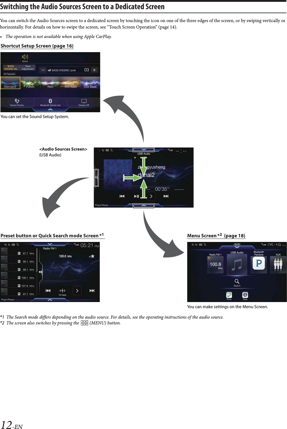 12-ENSwitching the Audio Sources Screen to a Dedicated ScreenYou can switch the Audio Sources screen to a dedicated screen by touching the icon on one of the three edges of the screen, or by swiping vertically or horizontally. For details on how to swipe the screen, see &ldquo;Touch Screen Operation&rdquo; (page 14).&bull; The operation is not available when using Apple CarPlay.*1 The Search mode differs depending on the audio source. For details, see the operating instructions of the audio source.*2 The screen also switches by pressing the   (MENU) button.Shortcut Setup Screen (page 16)Preset button or Quick Search mode Screen *1You can set the Sound Setup System.<Audio Sources Screen>(USB Audio)Menu Screen  (page 18)*2You can make settings on the Menu Screen.