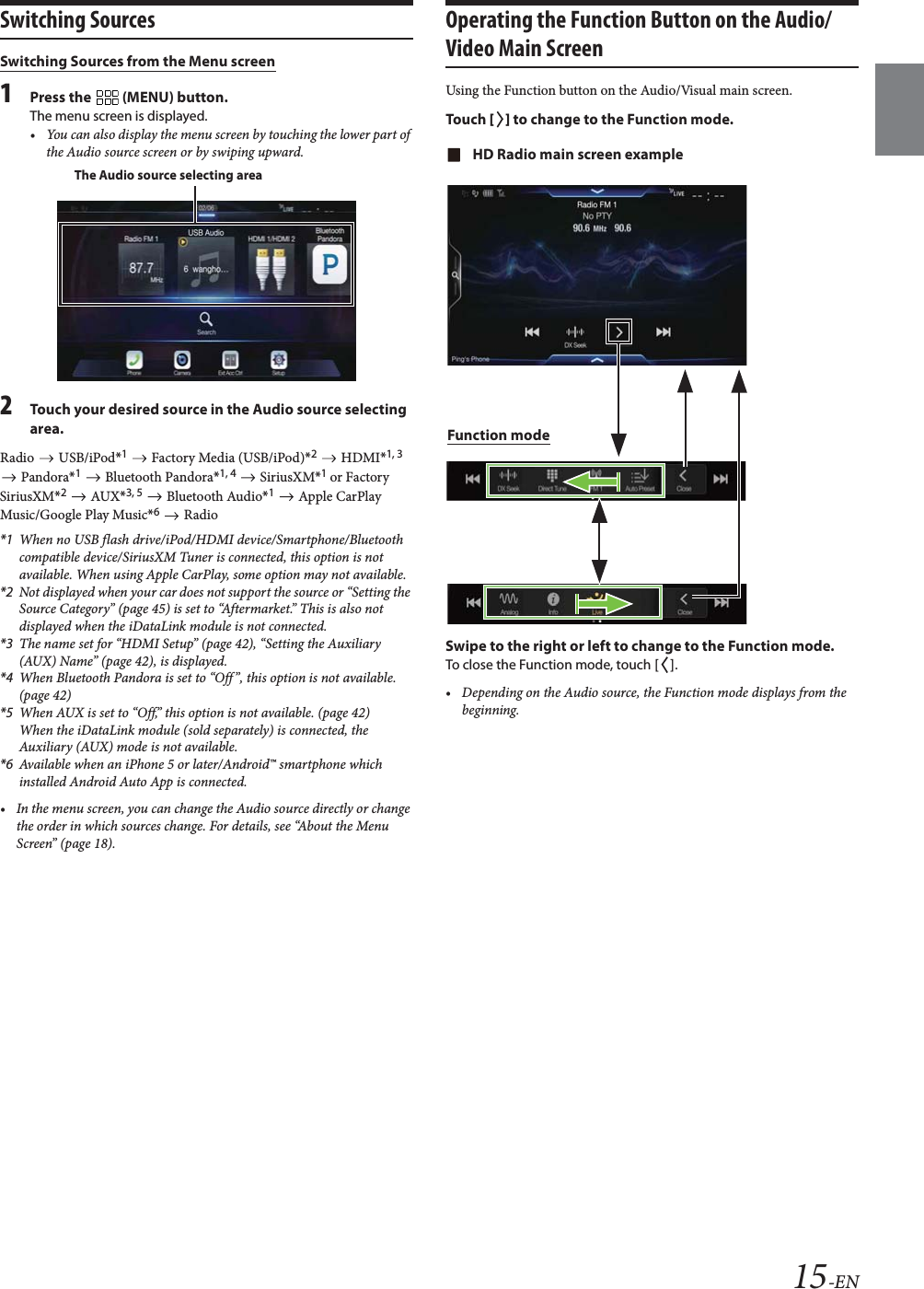 15-ENSwitching SourcesSwitching Sources from the Menu screen1Press the   (MENU) button. The menu screen is displayed.&bull; You can also display the menu screen by touching the lower part of the Audio source screen or by swiping upward.2Touch your desired source in the Audio source selecting area.Radio  USB/iPod*1   Factory Media (USB/iPod)*2  HDMI*1, 3  Pandora*1   Bluetooth Pandora*1, 4  SiriusXM*1 or Factory SiriusXM*2  AUX*3, 5  Bluetooth Audio*1  Apple CarPlay Music/Google Play Music*6  Radio*1 When no USB flash drive/iPod/HDMI device/Smartphone/Bluetooth compatible device/SiriusXM Tuner is connected, this option is not available. When using Apple CarPlay, some option may not available.*2 Not displayed when your car does not support the source or &ldquo;Setting the Source Category&rdquo; (page 45) is set to &ldquo;Aftermarket.&rdquo; This is also not displayed when the iDataLink module is not connected. *3 The name set for &ldquo;HDMI Setup&rdquo; (page 42), &ldquo;Setting the Auxiliary (AUX) Name&rdquo; (page 42), is displayed.*4 When Bluetooth Pandora is set to &ldquo;Off &rdquo;, this option is not available. (page 42)*5 When AUX is set to &ldquo;Off,&rdquo; this option is not available. (page 42)When the iDataLink module (sold separately) is connected, the Auxiliary (AUX) mode is not available.*6 Available when an iPhone 5 or later/Android&trade; smartphone which installed Android Auto App is connected.&bull; In the menu screen, you can change the Audio source directly or change the order in which sources change. For details, see &ldquo;About the Menu Screen&rdquo; (page 18).Operating the Function Button on the Audio/Video Main ScreenUsing the Function button on the Audio/Visual main screen.To uc h  [] to change to the Function mode.HD Radio main screen exampleSwipe to the right or left to change to the Function mode.To close the Function mode, touch [].&bull; Depending on the Audio source, the Function mode displays from the beginning. The Audio source selecting areaFunction mode