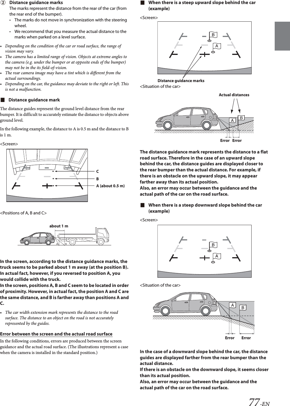 77-ENDistance guidance marksThe marks represent the distance from the rear of the car (from the rear end of the bumper).&bull; The marks do not move in synchronization with the steering wheel.&bull; We recommend that you measure the actual distance to the marks when parked on a level surface.&bull; Depending on the condition of the car or road surface, the range of vision may vary.&bull; The camera has a limited range of vision. Objects at extreme angles to the camera (e.g. under the bumper or at opposite ends of the bumper) may not be in the its field-of-vision.&bull; The rear camera image may have a tint which is different from the actual surroundings.&bull; Depending on the car, the guidance may deviate to the right or left. This is not a malfunction.Distance guidance markThe distance guides represent the ground level distance from the rear bumper. It is difficult to accurately estimate the distance to objects above ground level.In the following example, the distance to A is 0.5 m and the distance to B is 1 m.<Screen><Positions of A, B and C>In the screen, according to the distance guidance marks, the truck seems to be parked about 1 m away (at the position B). In actual fact, however, if you reversed to position A, you would collide with the truck.In the screen, positions A, B and C seem to be located in order of proximity. However, in actual fact, the position A and C are the same distance, and B is farther away than positions A and C.&bull; The car width extension mark represents the distance to the road surface. The distance to an object on the road is not accurately represented by the guides.Error between the screen and the actual road surfaceIn the following conditions, errors are produced between the screen guidance and the actual road surface. (The illustrations represent a case when the camera is installed in the standard position.)When there is a steep upward slope behind the car (example)<Screen><Situation of the car>The distance guidance mark represents the distance to a flat road surface. Therefore in the case of an upward slope behind the car, the distance guides are displayed closer to the rear bumper than the actual distance. For example, if there is an obstacle on the upward slope, it may appear farther away than its actual position.Also, an error may occur between the guidance and the actual path of the car on the road surface.When there is a steep downward slope behind the car (example)<Screen><Situation of the car>In the case of a downward slope behind the car, the distance guides are displayed farther from the rear bumper than the actual distance. If there is an obstacle on the downward slope, it seems closer than its actual position.Also, an error may occur between the guidance and the actual path of the car on the road surface.CBA (about 0.5 m)about 1 mDistance guidance marksActual distancesError ErrorError Error