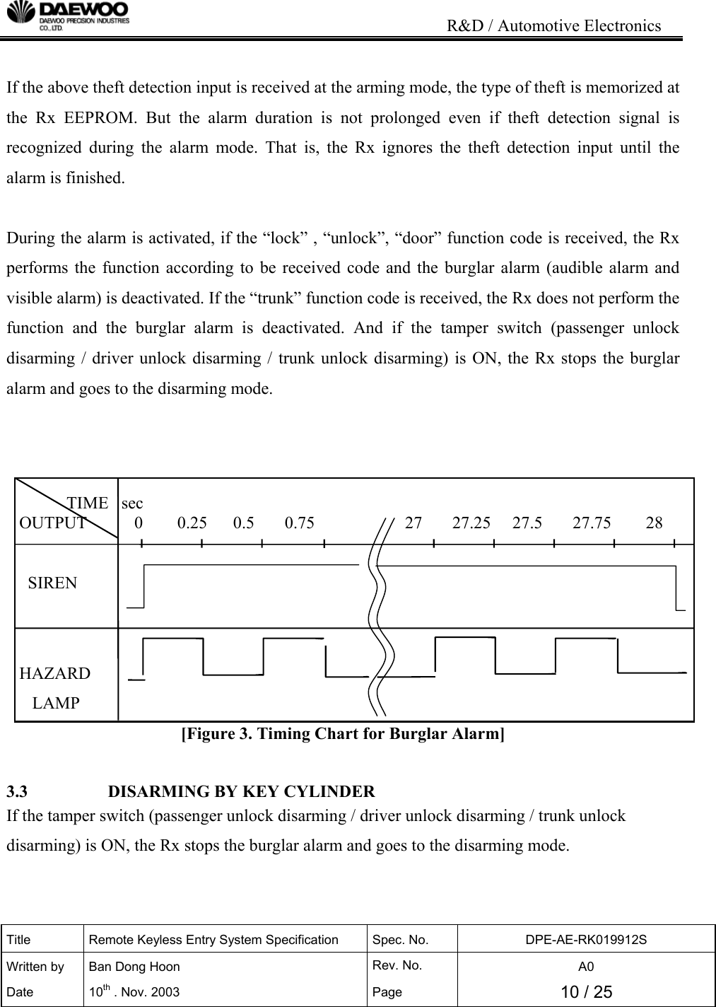                                                                           R&amp;D / Automotive Electronics Title  Remote Keyless Entry System Specification  Spec. No.  DPE-AE-RK019912S Written by   Ban Dong Hoon  Rev. No.   A0 Date 10th . Nov. 2003  Page  10 / 25   If the above theft detection input is received at the arming mode, the type of theft is memorized at the Rx EEPROM. But the alarm duration is not prolonged even if theft detection signal is recognized during the alarm mode. That is, the Rx ignores the theft detection input until the alarm is finished.  During the alarm is activated, if the &ldquo;lock&rdquo; , &ldquo;unlock&rdquo;, &ldquo;door&rdquo; function code is received, the Rx performs the function according to be received code and the burglar alarm (audible alarm and visible alarm) is deactivated. If the &ldquo;trunk&rdquo; function code is received, the Rx does not perform the function and the burglar alarm is deactivated. And if the tamper switch (passenger unlock disarming / driver unlock disarming / trunk unlock disarming) is ON, the Rx stops the burglar alarm and goes to the disarming mode.                  TIME   sec        OUTPUT           0        0.25      0.5       0.75                     27       27.25     27.5       27.75        28       SIREN          HAZARD          LAMP [Figure 3. Timing Chart for Burglar Alarm]  3.3    DISARMING BY KEY CYLINDER If the tamper switch (passenger unlock disarming / driver unlock disarming / trunk unlock disarming) is ON, the Rx stops the burglar alarm and goes to the disarming mode.   