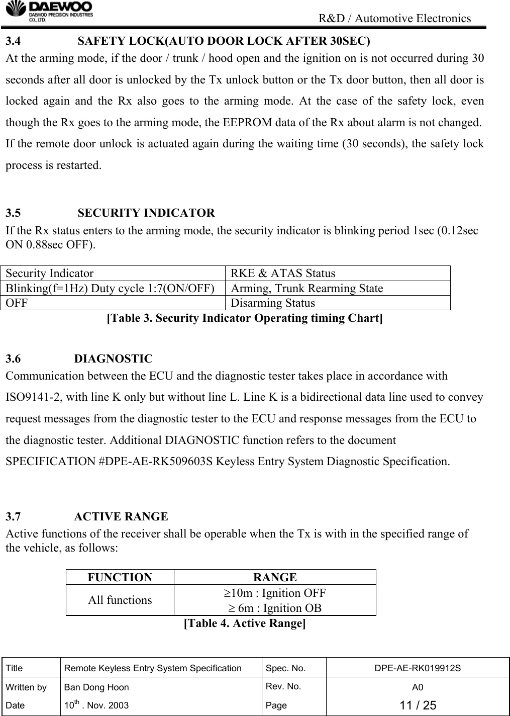                                                                           R&amp;D / Automotive Electronics Title  Remote Keyless Entry System Specification  Spec. No.  DPE-AE-RK019912S Written by   Ban Dong Hoon  Rev. No.   A0 Date 10th . Nov. 2003  Page  11 / 25  3.4    SAFETY LOCK(AUTO DOOR LOCK AFTER 30SEC) At the arming mode, if the door / trunk / hood open and the ignition on is not occurred during 30 seconds after all door is unlocked by the Tx unlock button or the Tx door button, then all door is locked again and the Rx also goes to the arming mode. At the case of the safety lock, even though the Rx goes to the arming mode, the EEPROM data of the Rx about alarm is not changed. If the remote door unlock is actuated again during the waiting time (30 seconds), the safety lock process is restarted.  3.5   SECURITY INDICATOR If the Rx status enters to the arming mode, the security indicator is blinking period 1sec (0.12sec ON 0.88sec OFF).  Security Indicator  RKE &amp; ATAS Status Blinking(f=1Hz) Duty cycle 1:7(ON/OFF)  Arming, Trunk Rearming State OFF Disarming Status [Table 3. Security Indicator Operating timing Chart]  3.6                 DIAGNOSTIC Communication between the ECU and the diagnostic tester takes place in accordance with ISO9141-2, with line K only but without line L. Line K is a bidirectional data line used to convey request messages from the diagnostic tester to the ECU and response messages from the ECU to the diagnostic tester. Additional DIAGNOSTIC function refers to the document SPECIFICATION #DPE-AE-RK509603S Keyless Entry System Diagnostic Specification.  3.7                 ACTIVE RANGE Active functions of the receiver shall be operable when the Tx is with in the specified range of the vehicle, as follows:  FUNCTION RANGE All functions  &ge;10m : Ignition OFF &ge; 6m : Ignition OB [Table 4. Active Range]  