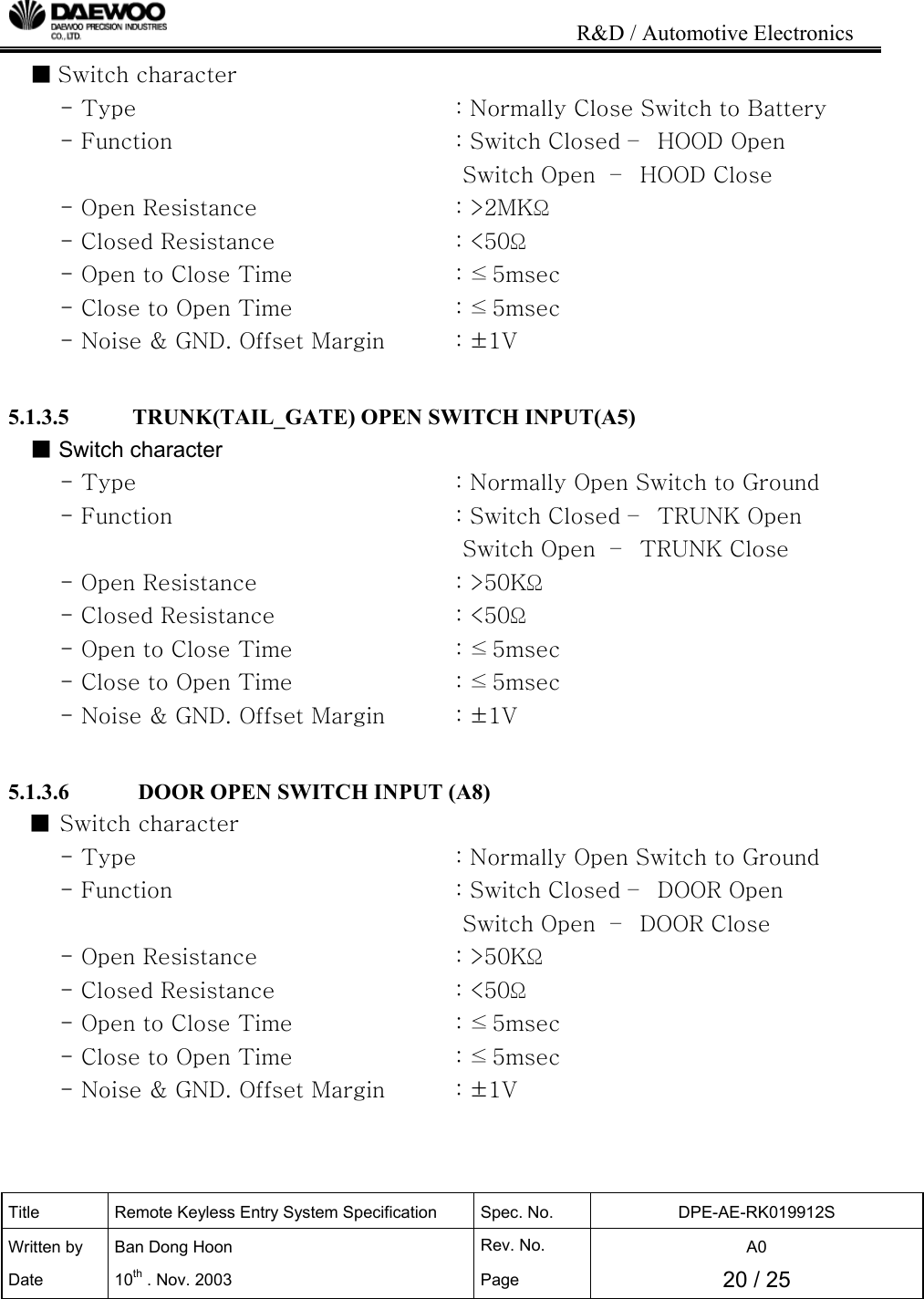                                                                           R&amp;D / Automotive Electronics Title  Remote Keyless Entry System Specification  Spec. No.  DPE-AE-RK019912S Written by   Ban Dong Hoon  Rev. No.   A0 Date 10th . Nov. 2003  Page  20 / 25  ■ Switch character     - Type          : Normally Close Switch to Battery     - Function        : Switch Closed &ndash;  HOOD Open                 Switch Open  &ndash;  HOOD Close     - Open Resistance      : >2MK&Omega;      - Closed Resistance      : <50&Omega;      - Open to Close Time      : &le; 5msec     - Close to Open Time      : &le; 5msec     - Noise &amp; GND. Offset Margin   : &plusmn;1V   5.1.3.5           TRUNK(TAIL_GATE) OPEN SWITCH INPUT(A5) ■ Switch character     - Type          : Normally Open Switch to Ground     - Function        : Switch Closed &ndash;  TRUNK Open                Switch Open  &ndash;  TRUNK Close      - Open Resistance      : >50K&Omega;      - Closed Resistance      : <50&Omega;      - Open to Close Time      : &le; 5msec     - Close to Open Time      : &le; 5msec     - Noise &amp; GND. Offset Margin   : &plusmn;1V  5.1.3.6            DOOR OPEN SWITCH INPUT (A8) ■ Switch character     - Type          : Normally Open Switch to Ground     - Function        : Switch Closed &ndash;  DOOR Open                 Switch Open  &ndash;  DOOR Close     - Open Resistance      : >50K&Omega;      - Closed Resistance      : <50&Omega;      - Open to Close Time      : &le; 5msec     - Close to Open Time      : &le; 5msec     - Noise &amp; GND. Offset Margin   : &plusmn;1V    