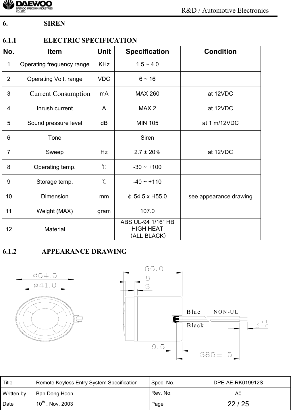                                                                           R&amp;D / Automotive Electronics Title  Remote Keyless Entry System Specification  Spec. No.  DPE-AE-RK019912S Written by   Ban Dong Hoon  Rev. No.   A0 Date 10th . Nov. 2003  Page  22 / 25  NON-ULBlackBlue6.   SIREN 6.1.1               ELECTRIC SPECIFICATION No. Item  Unit Specification  Condition 1  Operating frequency range  KHz 1.5 ~ 4.0   2  Operating Volt. range  VDC 6 ~ 16   3  Current Consumption  mA  MAX 260  at 12VDC 4  Inrush current  A  MAX 2  at 12VDC 5  Sound pressure level  dB  MIN 105  at 1 m/12VDC 6 Tone   Siren   7  Sweep  Hz  2.7 &plusmn; 20%  at 12VDC 8 Operating temp.  ℃ -30 ~ +100   9 Storage temp.  ℃ -40 ~ +110    10 Dimension  mm &phi;54.5 x H55.0  see appearance drawing 11 Weight (MAX) gram 107.0   12 Material  ABS UL-94 1/16&rdquo; HB HIGH HEAT  （ALL BLACK）  6.1.2              APPEARANCE DRAWING               