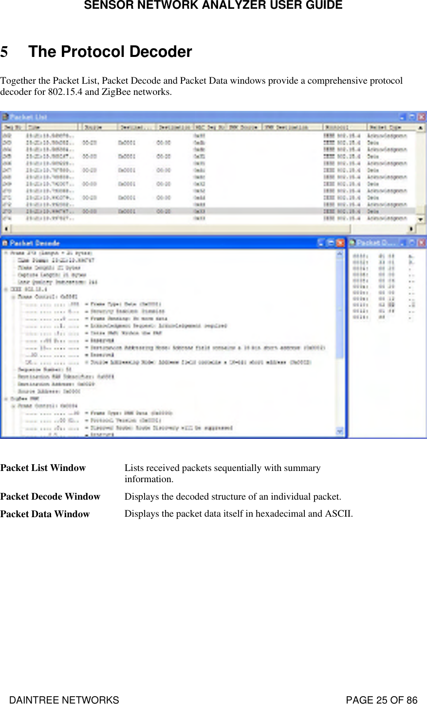 SENSOR NETWORK ANALYZER USER GUIDE DAINTREE NETWORKS                                                                                   PAGE 25 OF 86 5 The Protocol Decoder Together the Packet List, Packet Decode and Packet Data windows provide a comprehensive protocol decoder for 802.15.4 and ZigBee networks.        Packet List Window Lists received packets sequentially with summary information. Packet Decode Window Displays the decoded structure of an individual packet. Packet Data Window Displays the packet data itself in hexadecimal and ASCII. 