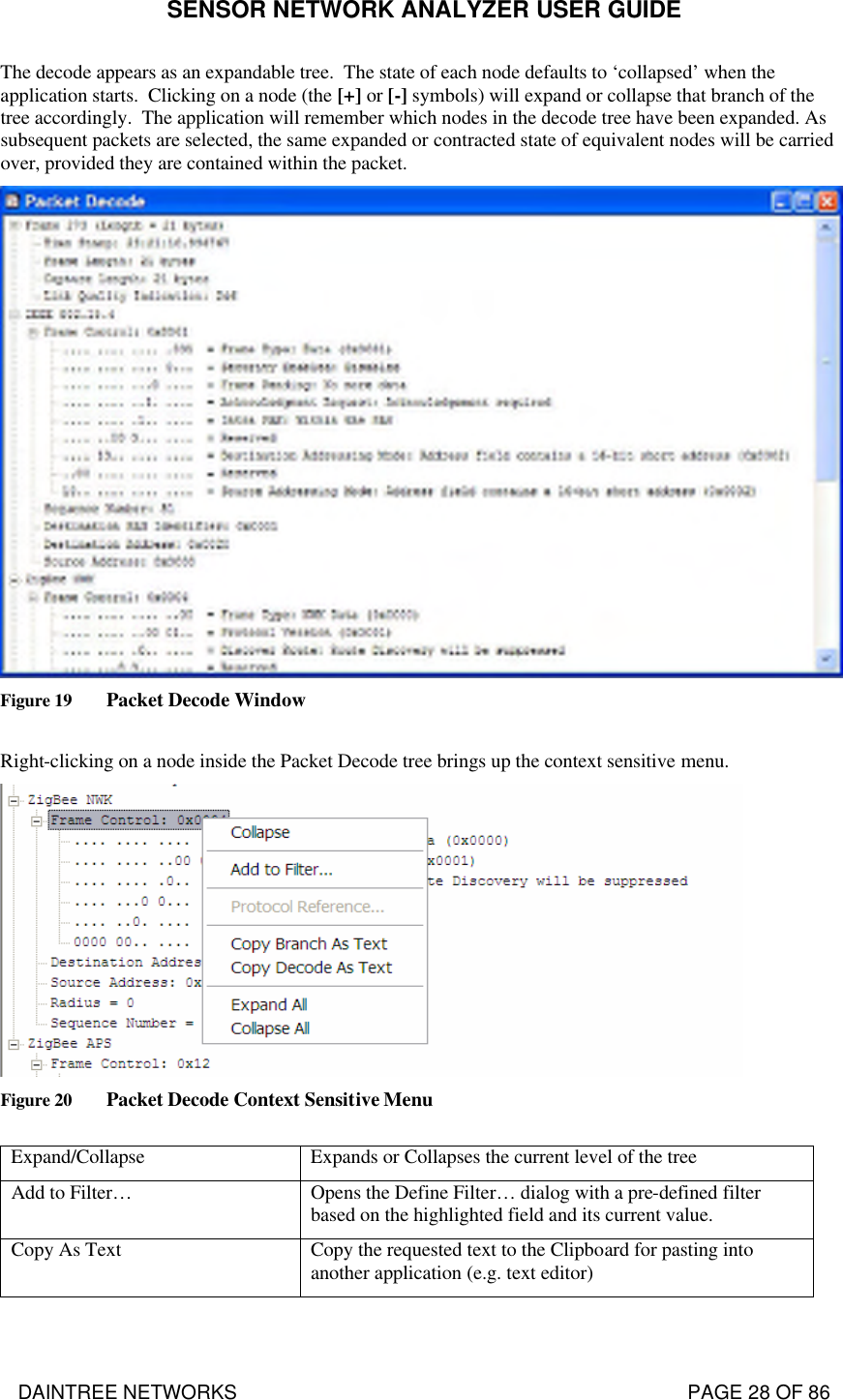 SENSOR NETWORK ANALYZER USER GUIDE DAINTREE NETWORKS                                                                                   PAGE 28 OF 86 The decode appears as an expandable tree.  The state of each node defaults to ‘collapsed’ when the application starts.  Clicking on a node (the [+] or [-] symbols) will expand or collapse that branch of the tree accordingly.  The application will remember which nodes in the decode tree have been expanded. As subsequent packets are selected, the same expanded or contracted state of equivalent nodes will be carried over, provided they are contained within the packet.  Figure 19 Packet Decode Window  Right-clicking on a node inside the Packet Decode tree brings up the context sensitive menu.    Figure 20 Packet Decode Context Sensitive Menu  Expand/Collapse Expands or Collapses the current level of the tree Add to Filter… Opens the Define Filter… dialog with a pre-defined filter based on the highlighted field and its current value. Copy As Text Copy the requested text to the Clipboard for pasting into another application (e.g. text editor) 