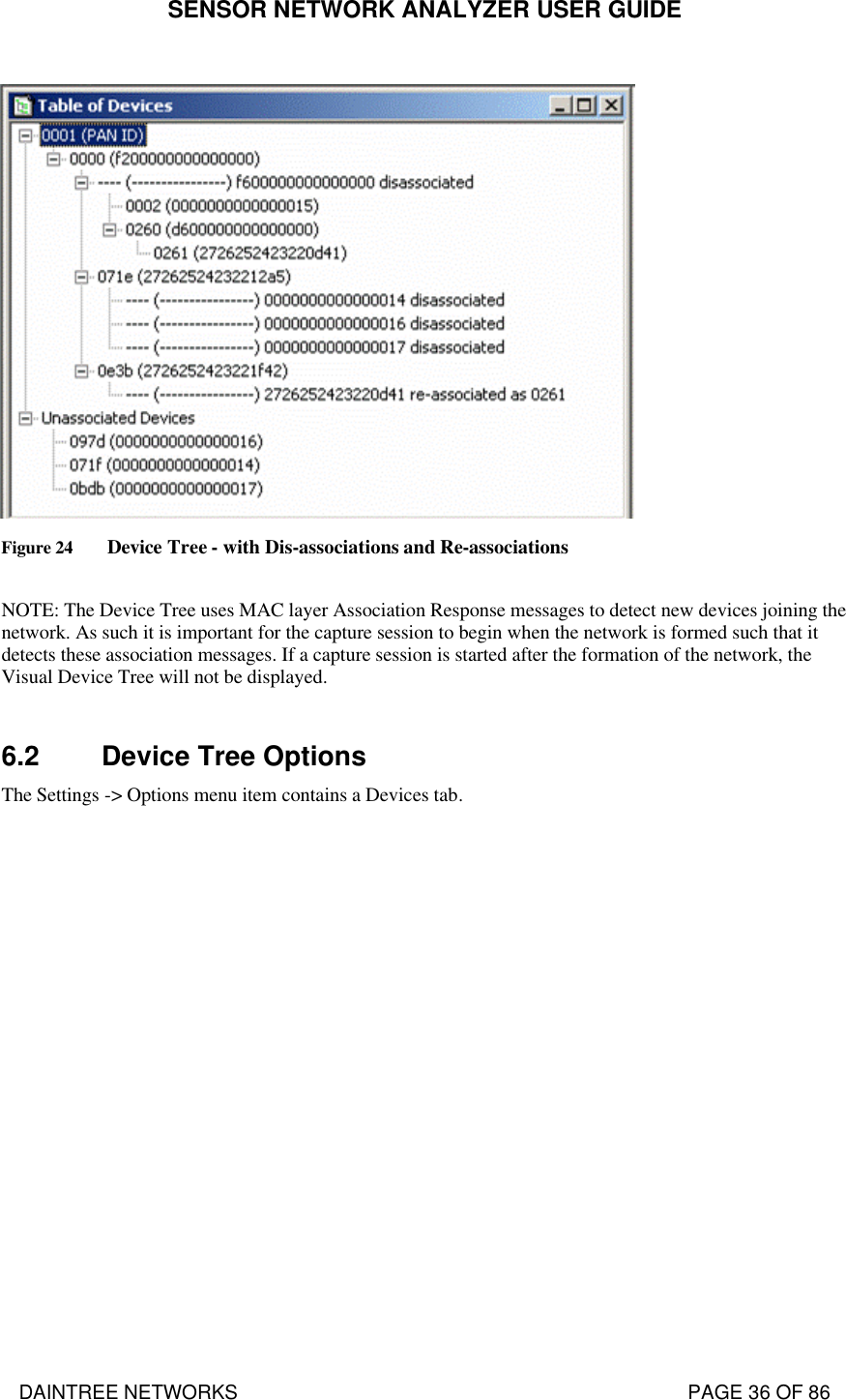 SENSOR NETWORK ANALYZER USER GUIDE DAINTREE NETWORKS                                                                                   PAGE 36 OF 86   Figure 24 Device Tree - with Dis-associations and Re-associations  NOTE: The Device Tree uses MAC layer Association Response messages to detect new devices joining the network. As such it is important for the capture session to begin when the network is formed such that it detects these association messages. If a capture session is started after the formation of the network, the Visual Device Tree will not be displayed.  6.2 Device Tree Options The Settings -&gt; Options menu item contains a Devices tab.   