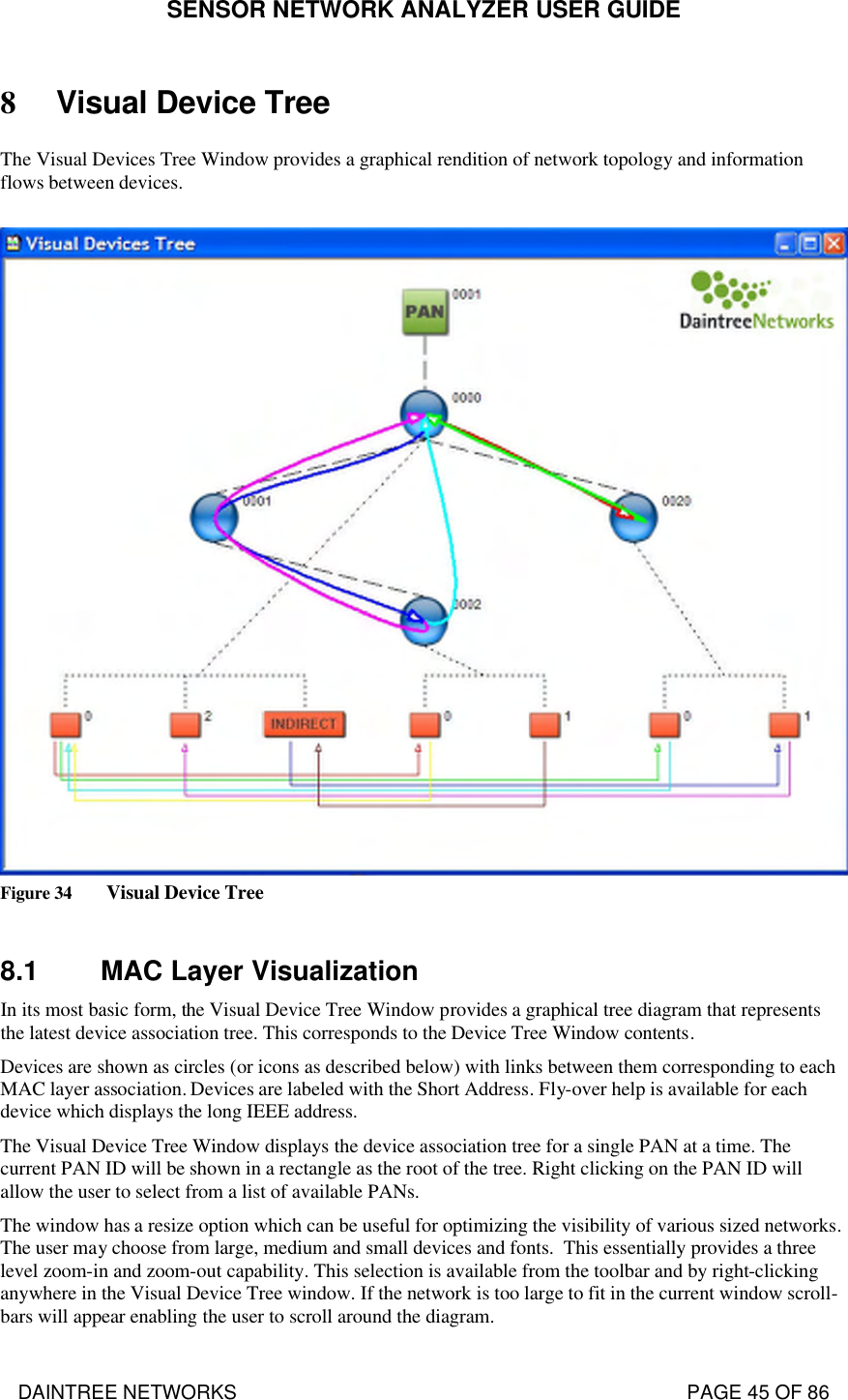 SENSOR NETWORK ANALYZER USER GUIDE DAINTREE NETWORKS                                                                                   PAGE 45 OF 86 8 Visual Device Tree The Visual Devices Tree Window provides a graphical rendition of network topology and information flows between devices.   Figure 34 Visual Device Tree  8.1 MAC Layer Visualization In its most basic form, the Visual Device Tree Window provides a graphical tree diagram that represents the latest device association tree. This corresponds to the Device Tree Window contents. Devices are shown as circles (or icons as described below) with links between them corresponding to each MAC layer association. Devices are labeled with the Short Address. Fly-over help is available for each device which displays the long IEEE address. The Visual Device Tree Window displays the device association tree for a single PAN at a time. The current PAN ID will be shown in a rectangle as the root of the tree. Right clicking on the PAN ID will allow the user to select from a list of available PANs. The window has a resize option which can be useful for optimizing the visibility of various sized networks. The user may choose from large, medium and small devices and fonts.  This essentially provides a three level zoom-in and zoom-out capability. This selection is available from the toolbar and by right-clicking anywhere in the Visual Device Tree window. If the network is too large to fit in the current window scroll-bars will appear enabling the user to scroll around the diagram. 