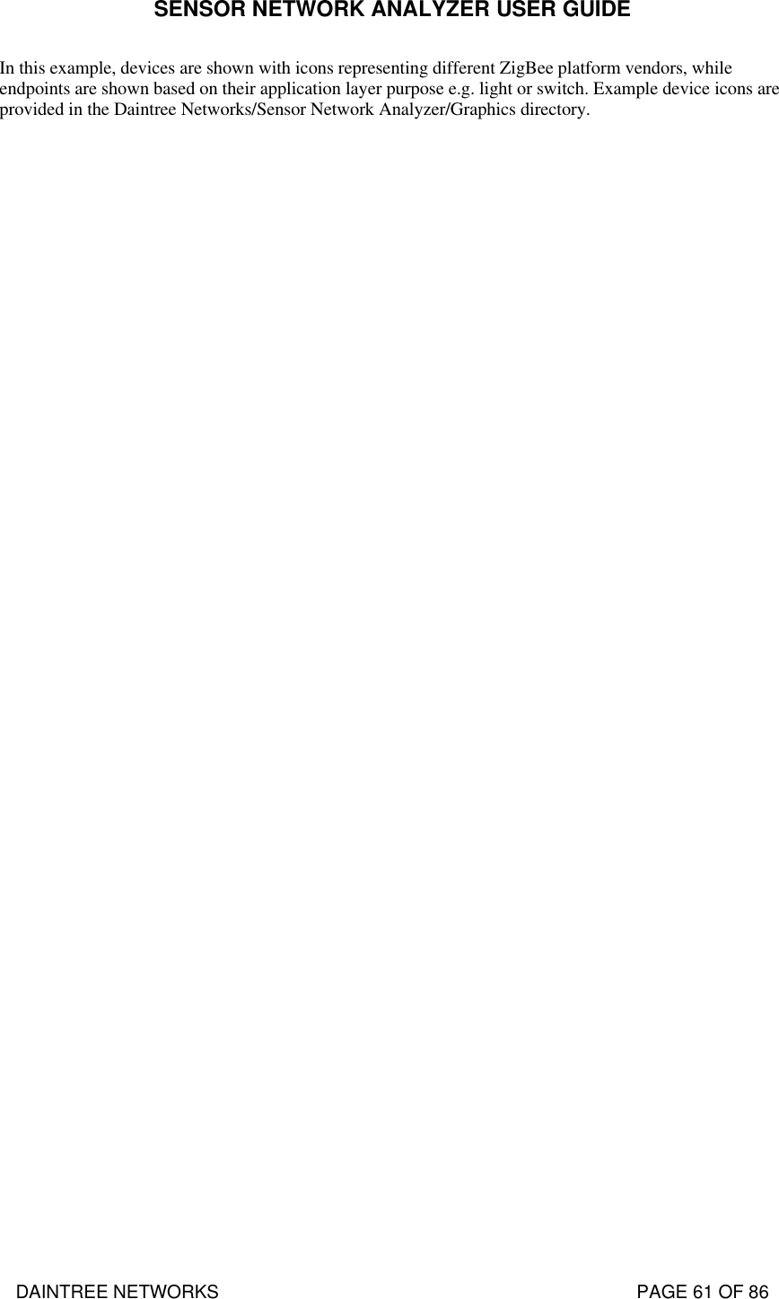 SENSOR NETWORK ANALYZER USER GUIDE DAINTREE NETWORKS                                                                                   PAGE 61 OF 86 In this example, devices are shown with icons representing different ZigBee platform vendors, while endpoints are shown based on their application layer purpose e.g. light or switch. Example device icons are provided in the Daintree Networks/Sensor Network Analyzer/Graphics directory. 