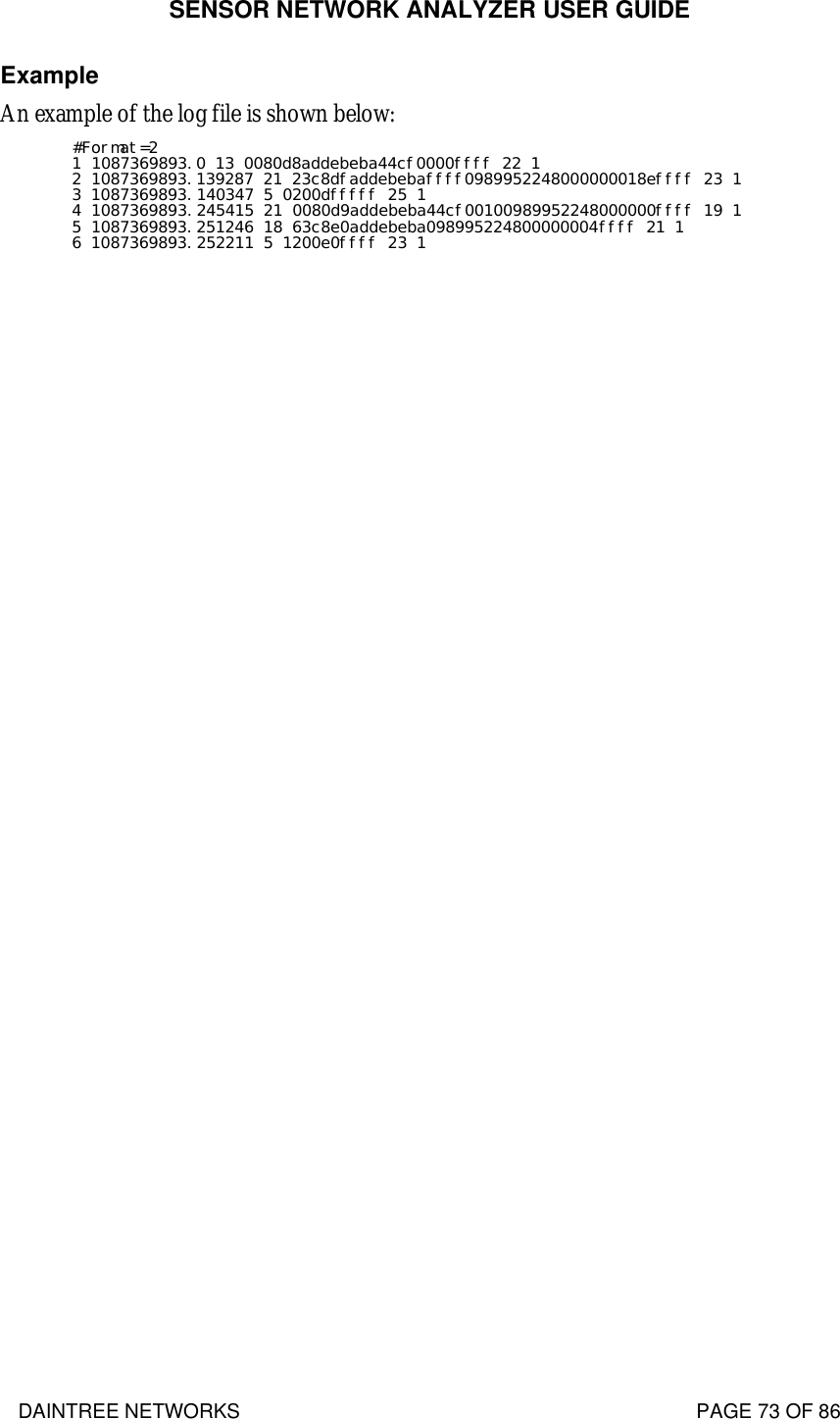 SENSOR NETWORK ANALYZER USER GUIDE DAINTREE NETWORKS                                                                                   PAGE 73 OF 86 Example An example of the log file is shown below: #Format=2 1 1087369893.0 13 0080d8addebeba44cf0000ffff 22 1 2 1087369893.139287 21 23c8dfaddebebaffff0989952248000000018effff 23 1 3 1087369893.140347 5 0200dfffff 25 1 4 1087369893.245415 21 0080d9addebeba44cf00100989952248000000ffff 19 1 5 1087369893.251246 18 63c8e0addebeba098995224800000004ffff 21 1 6 1087369893.252211 5 1200e0ffff 23 1  